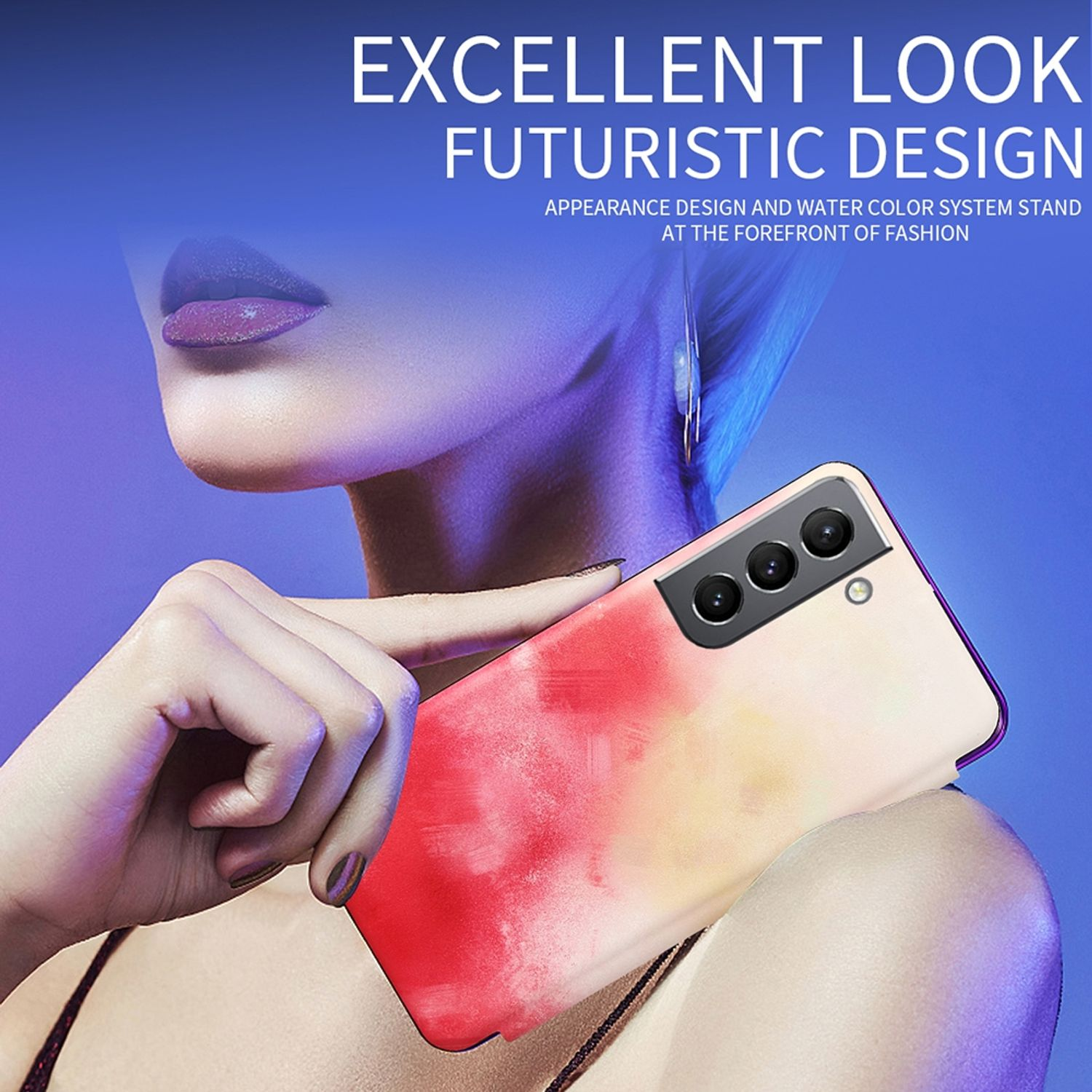 Eine Frau, die ein Telefon mit einem bunten Aquarelldesign hält, mit roten und gelben Farbtönen.