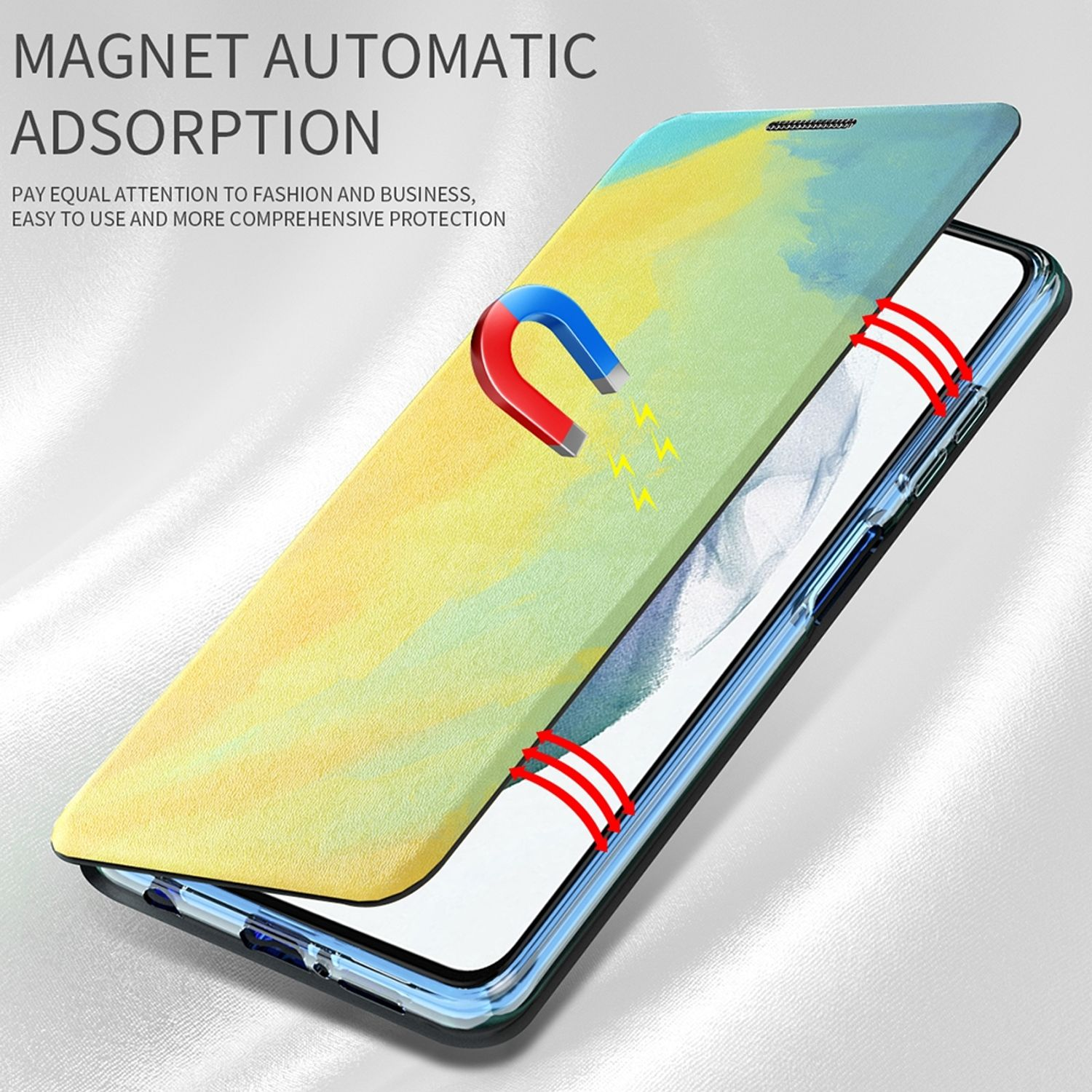 Handyhülle mit Magnetverschluss, offen zur Präsentation des Telefons. Hintergrund mit Text und weißer Oberfläche.