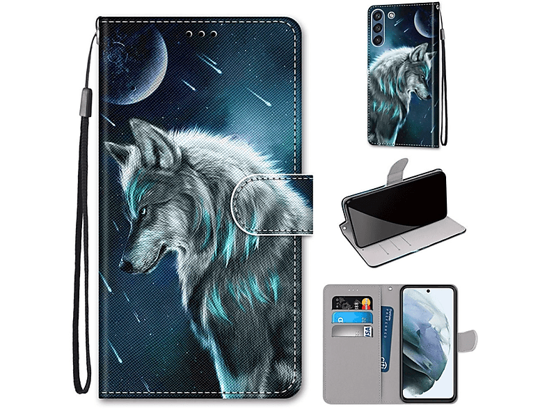 KÖNIG DESIGN Book Case, Bookcover, Samsung, Galaxy S21 FE, Nachdenklicher Wolf