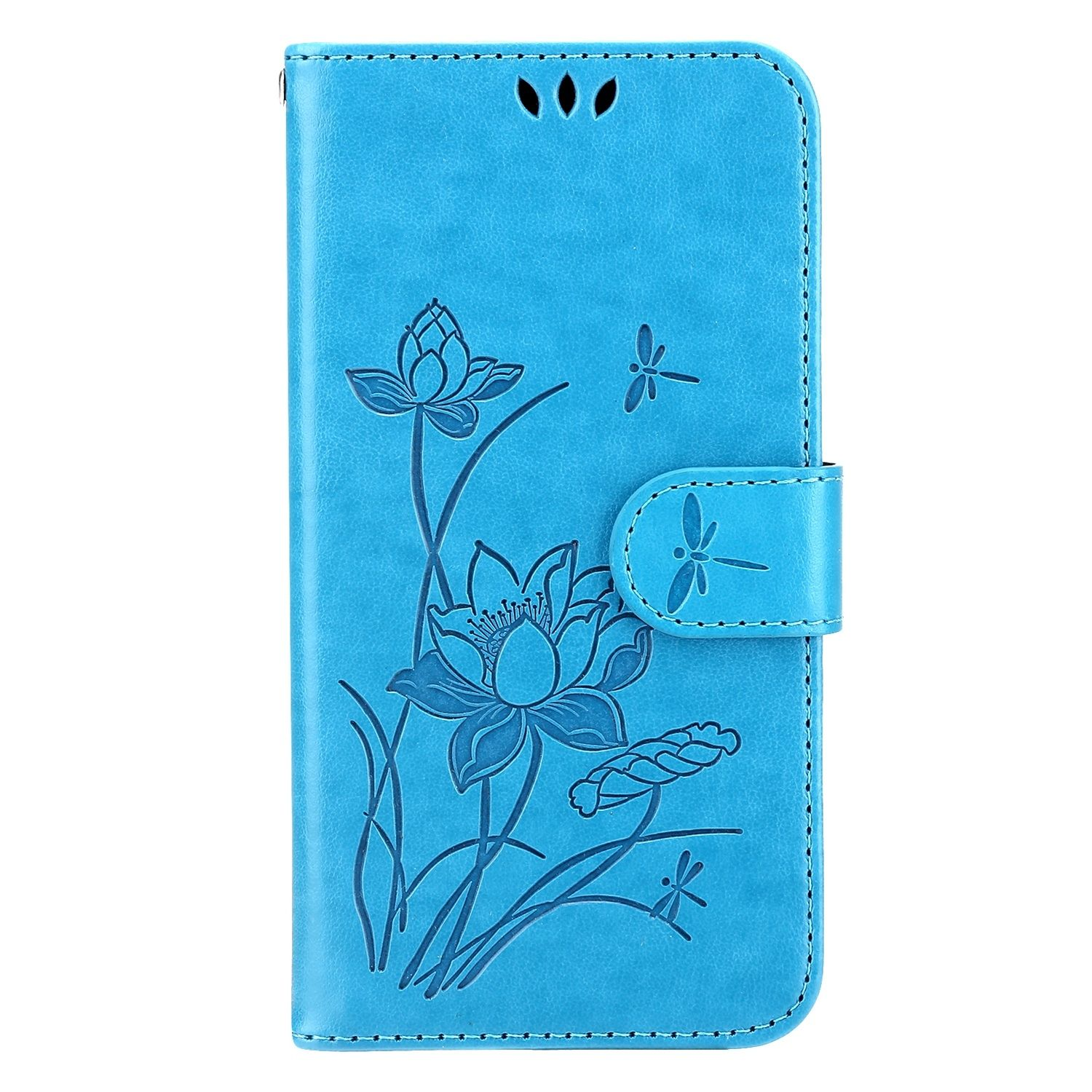 Eine blaue Handyhülle mit geprägten Lotusblumen und Libellen.