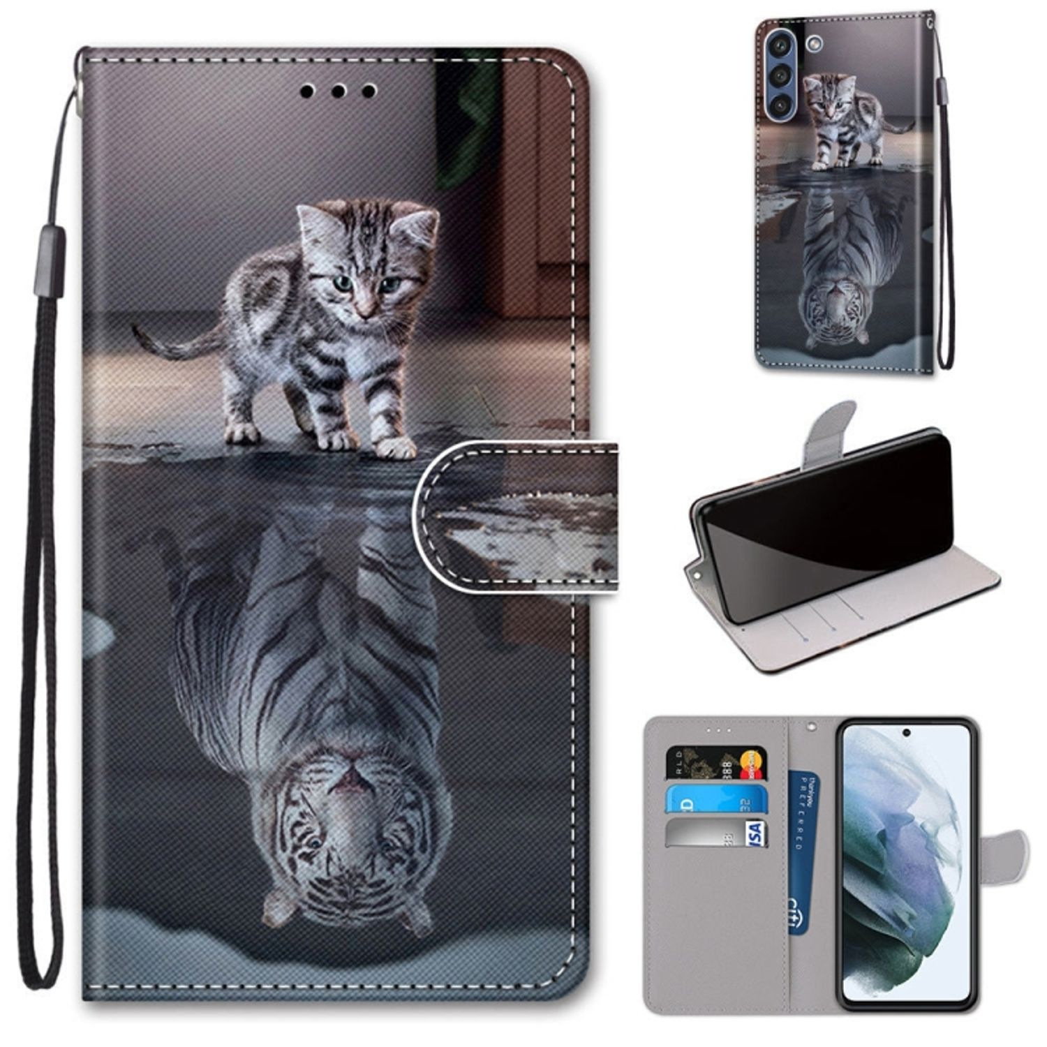 Samsung, Galaxy FE, Book wird KÖNIG Bookcover, Case, S21 Tiger DESIGN Katze zum