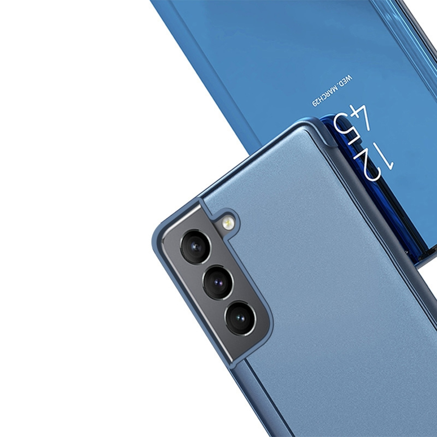 Blaue Handyhülle mit Dreifach-Kamera. Der Bildschirm des Telefons im Hintergrund auf weißer Oberfläche.