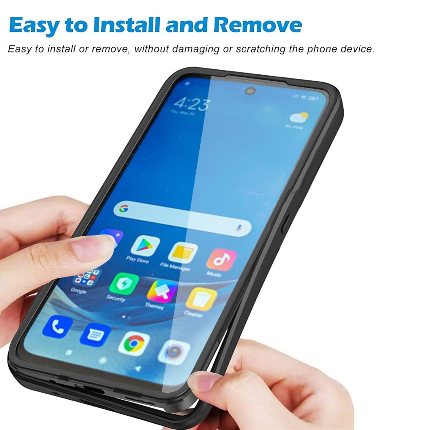 Telefon in einer Hülle wird installiert. Das Telefon ist schwarz mit Symbolen auf dem Bildschirm.