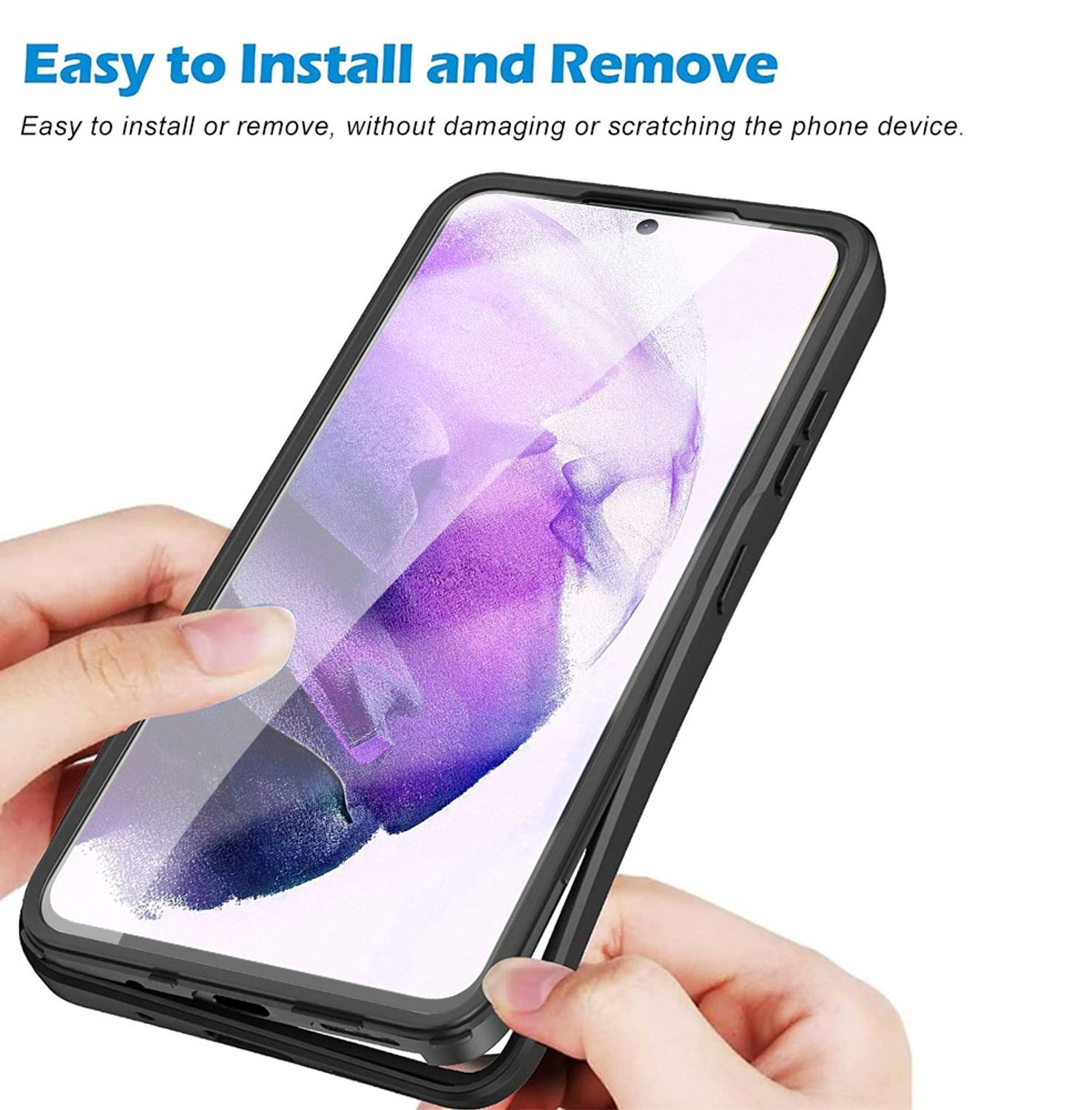 Eine Handyhülle wird mit einfachen Installationsanweisungen an einem Telefon angebracht.