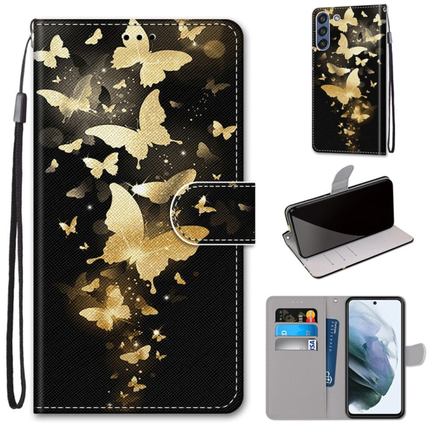 KÖNIG DESIGN Book Case, Bookcover, Goldene Samsung, Galaxy S21 FE, Schmetterlingsgruppe