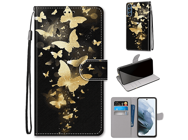 KÖNIG DESIGN Book Case, Bookcover, Goldene Samsung, Galaxy S21 FE, Schmetterlingsgruppe