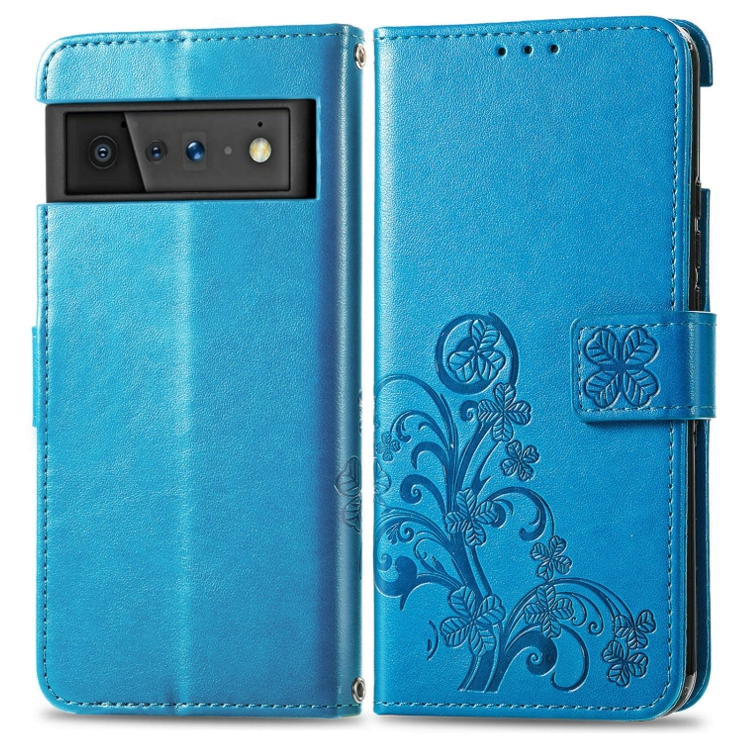 Blaue Handyhülle offen und geschlossen mit floralem Muster auf der Vorderseite und Telefon.