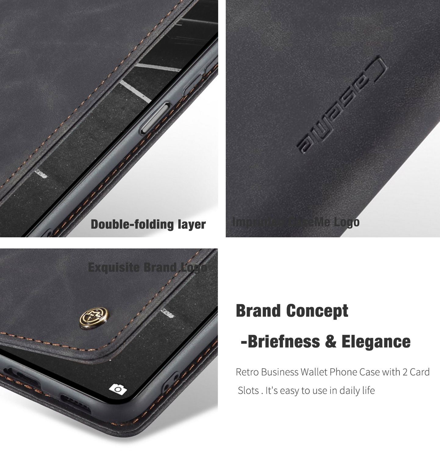 Nahaufnahme einer schwarzen Leder-Handyhülle mit Branding-Details und Doppelfaltendesign.