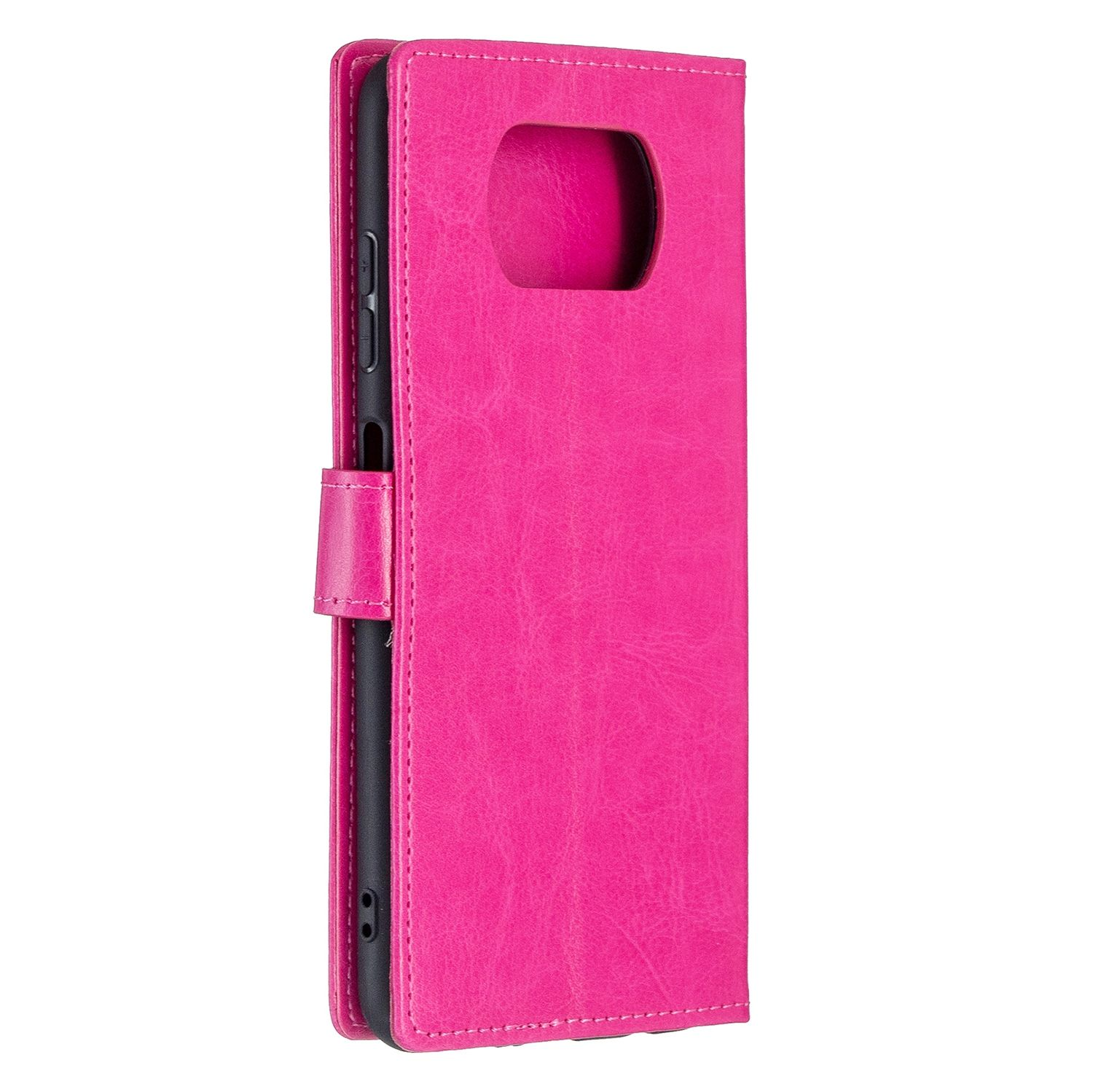 Pinkfarbene Handyhülle mit geschlossenem Verschluss. Sie ist lederartig und hat einen Ausschnitt für die Kamera.