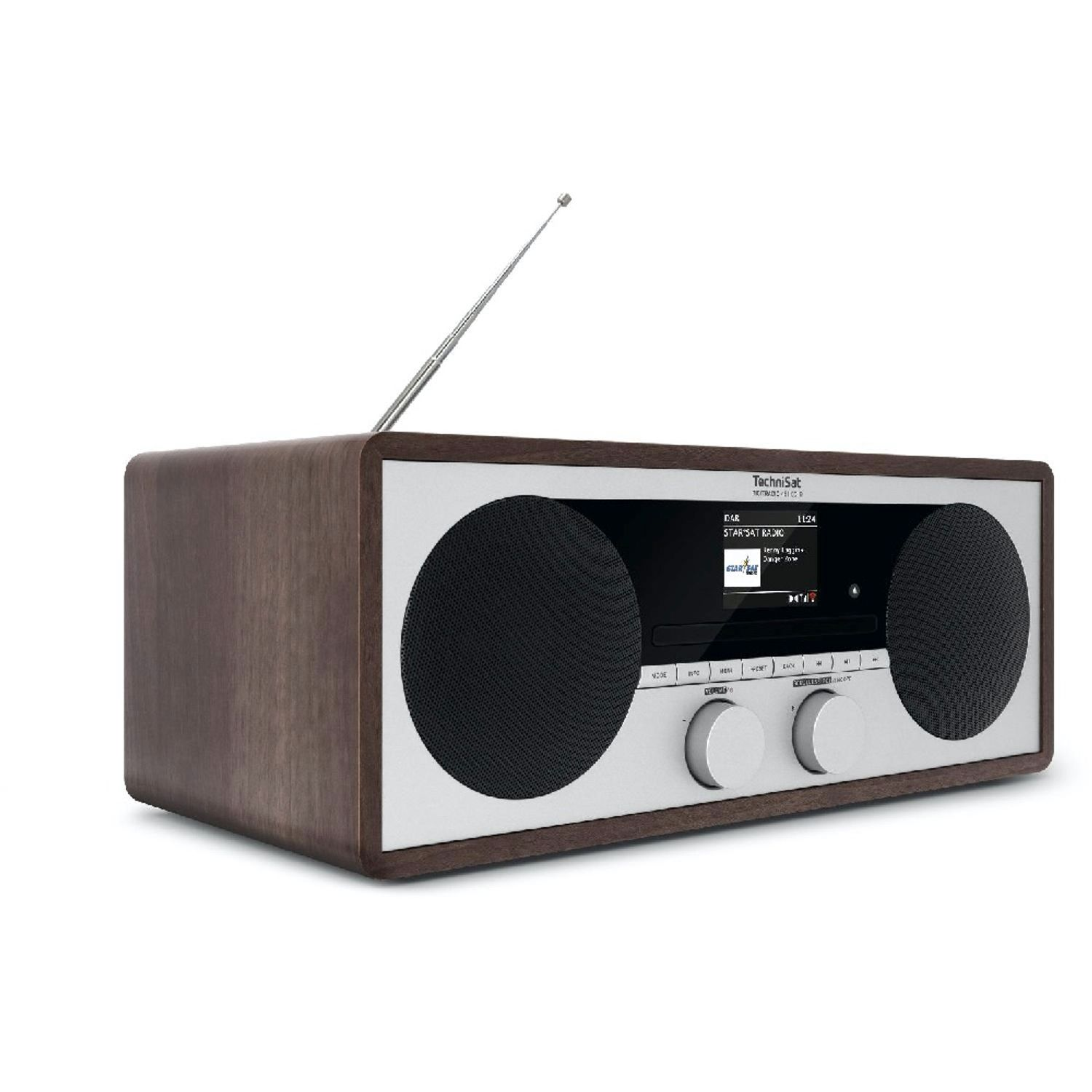 A wooden-look radio with a silver face and two speakers. A white background.