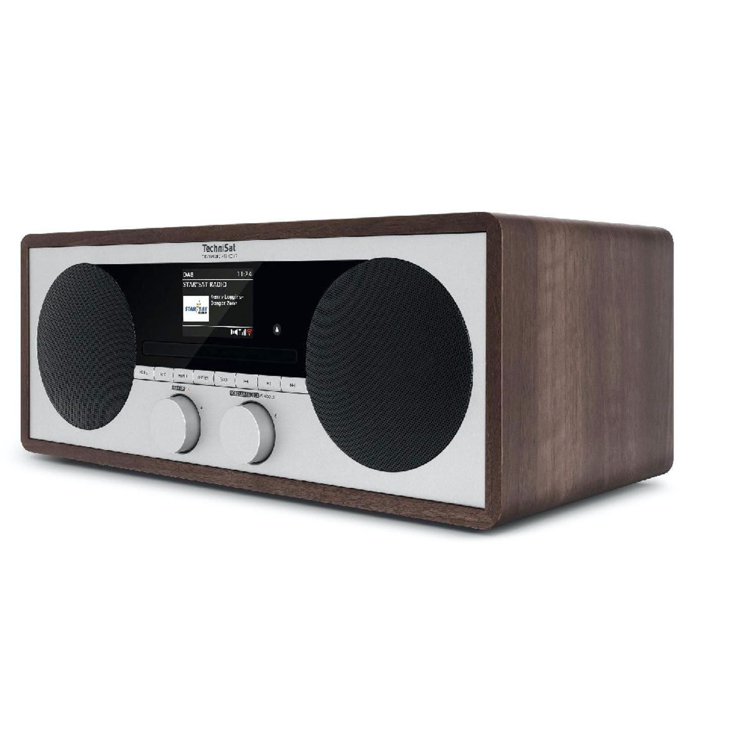 A wooden-style radio with speakers and a screen.