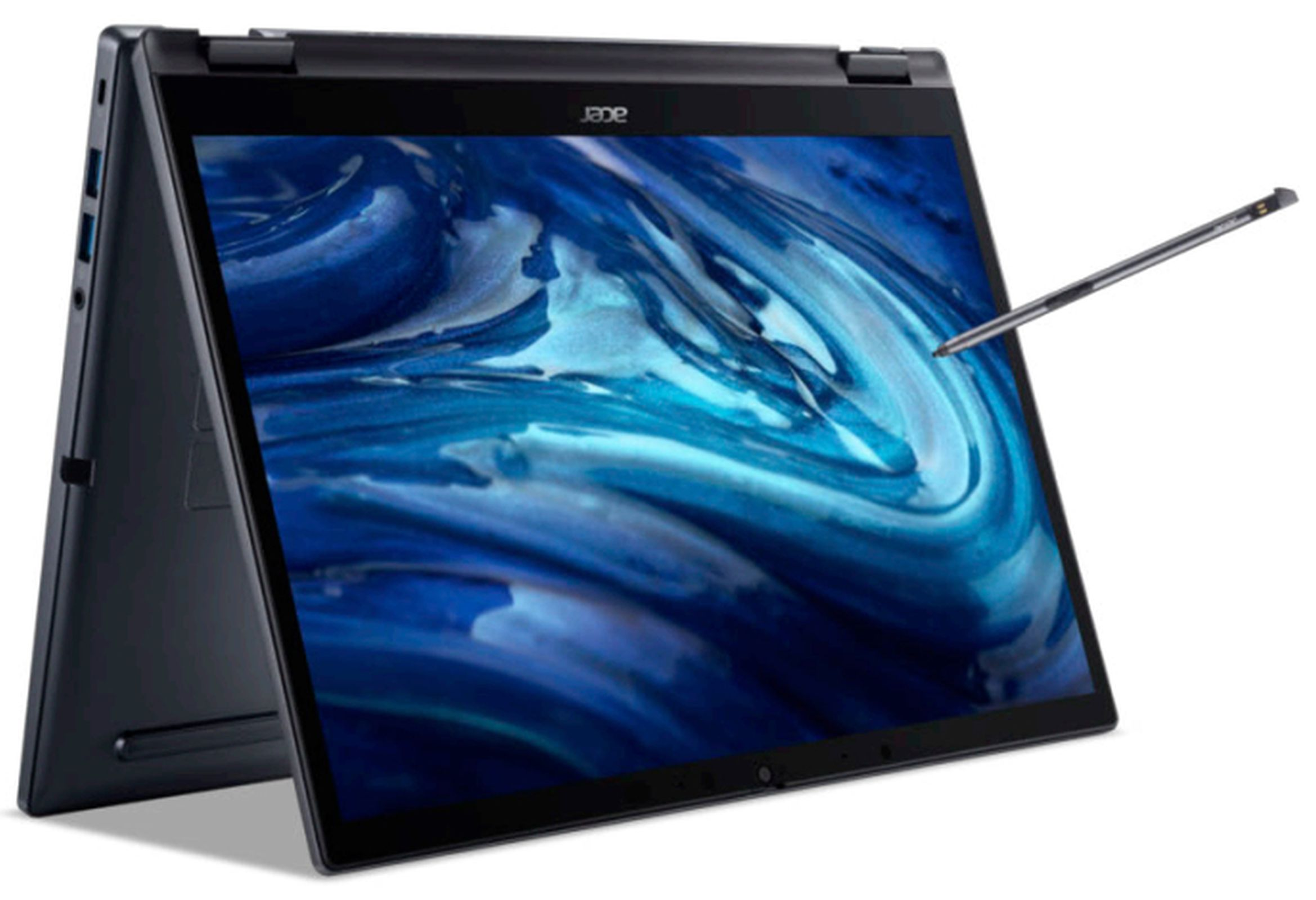 Un laptop blu scuro con una penna. Lo schermo è aperto e mostra un'immagine astratta.