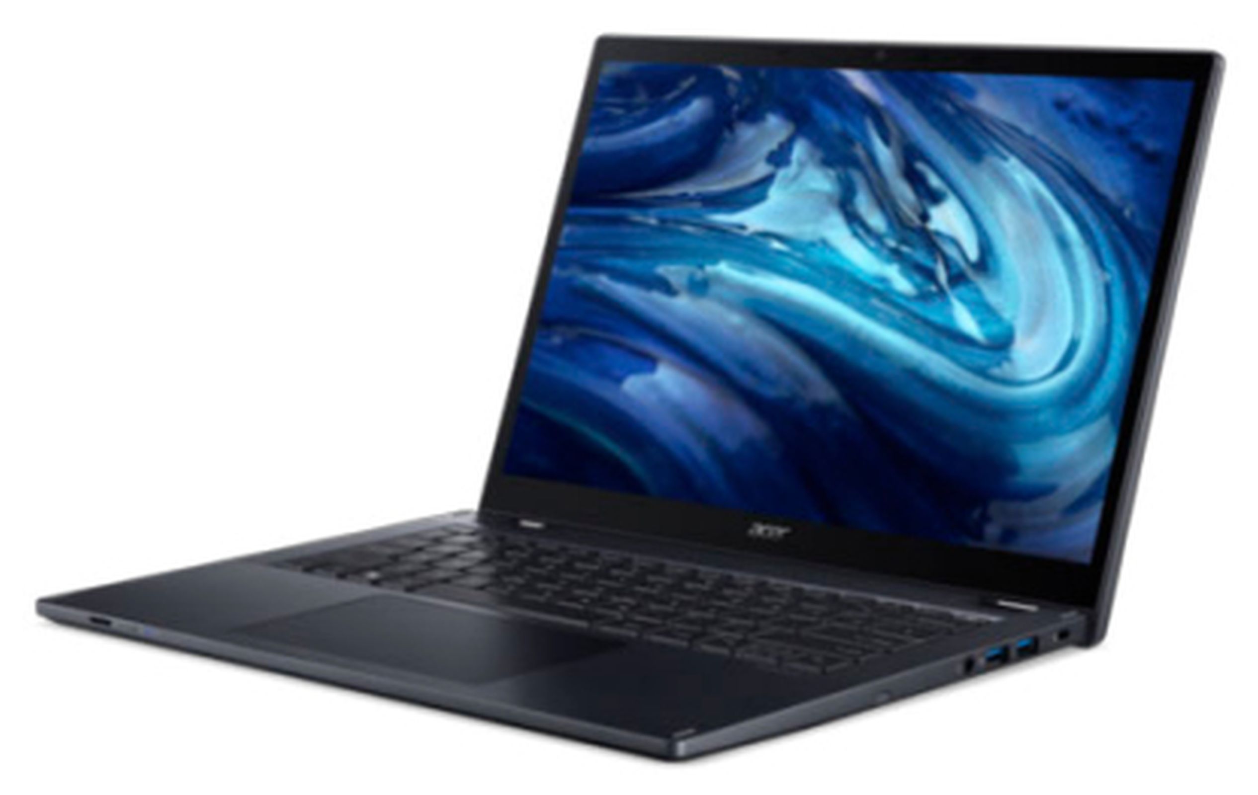 Un laptop, aperto, su una superficie bianca. Lo schermo mostra un motivo astratto blu e bianco.
