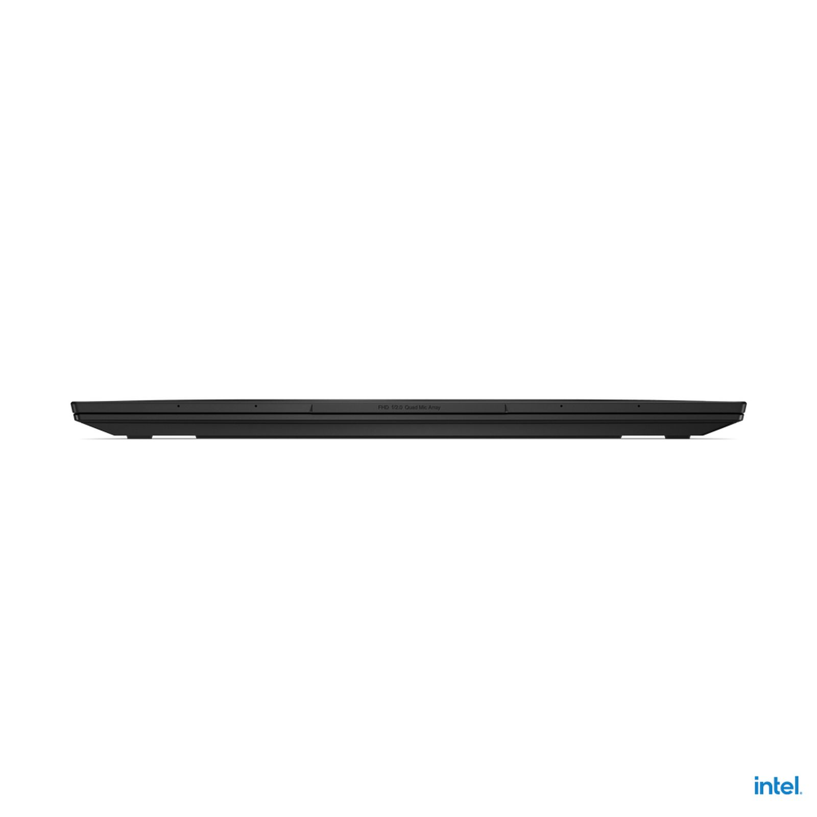 Seitenansicht eines schwarzen Laptops. Das Intel-Logo ist sichtbar.
