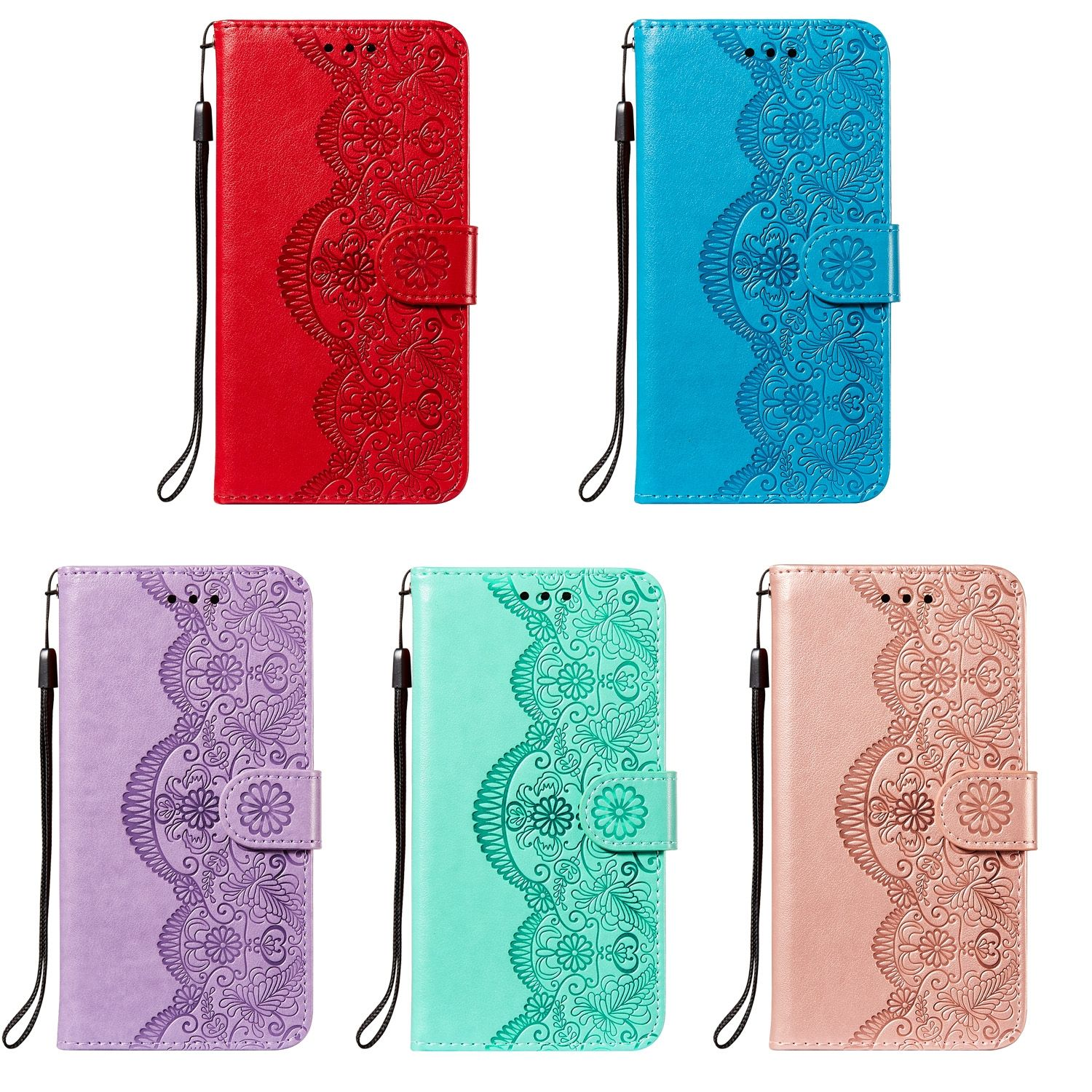 Ein Set aus fünf bunten Handyhüllen mit floralen Designs, jeweils mit unterschiedlicher Farbe und passendem Handgelenkriemen.