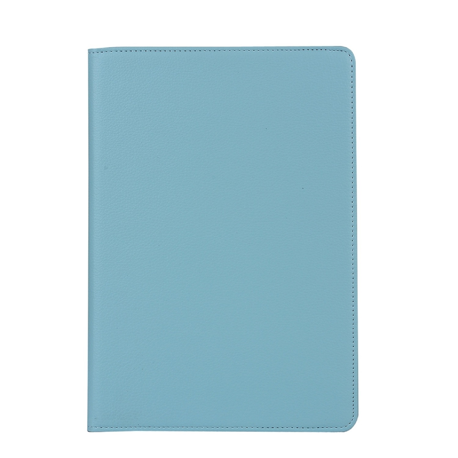 Eine hellblaue Tablet-Hülle. Sie ist geschlossen und die Vorderseite ist glatt.
