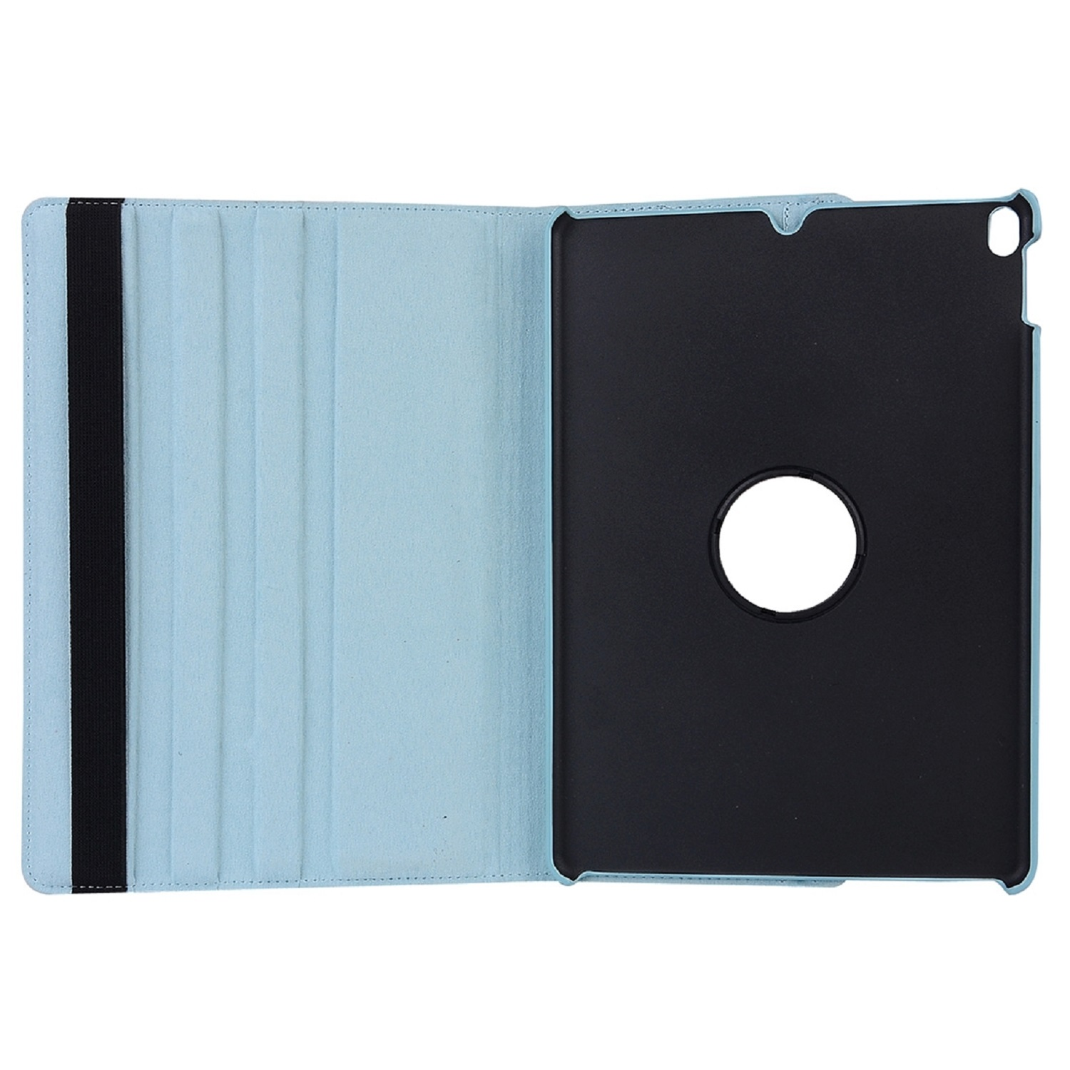 Tablethülle geöffnet, Tablet zeigend. Hellblau außen, schwarz innen.