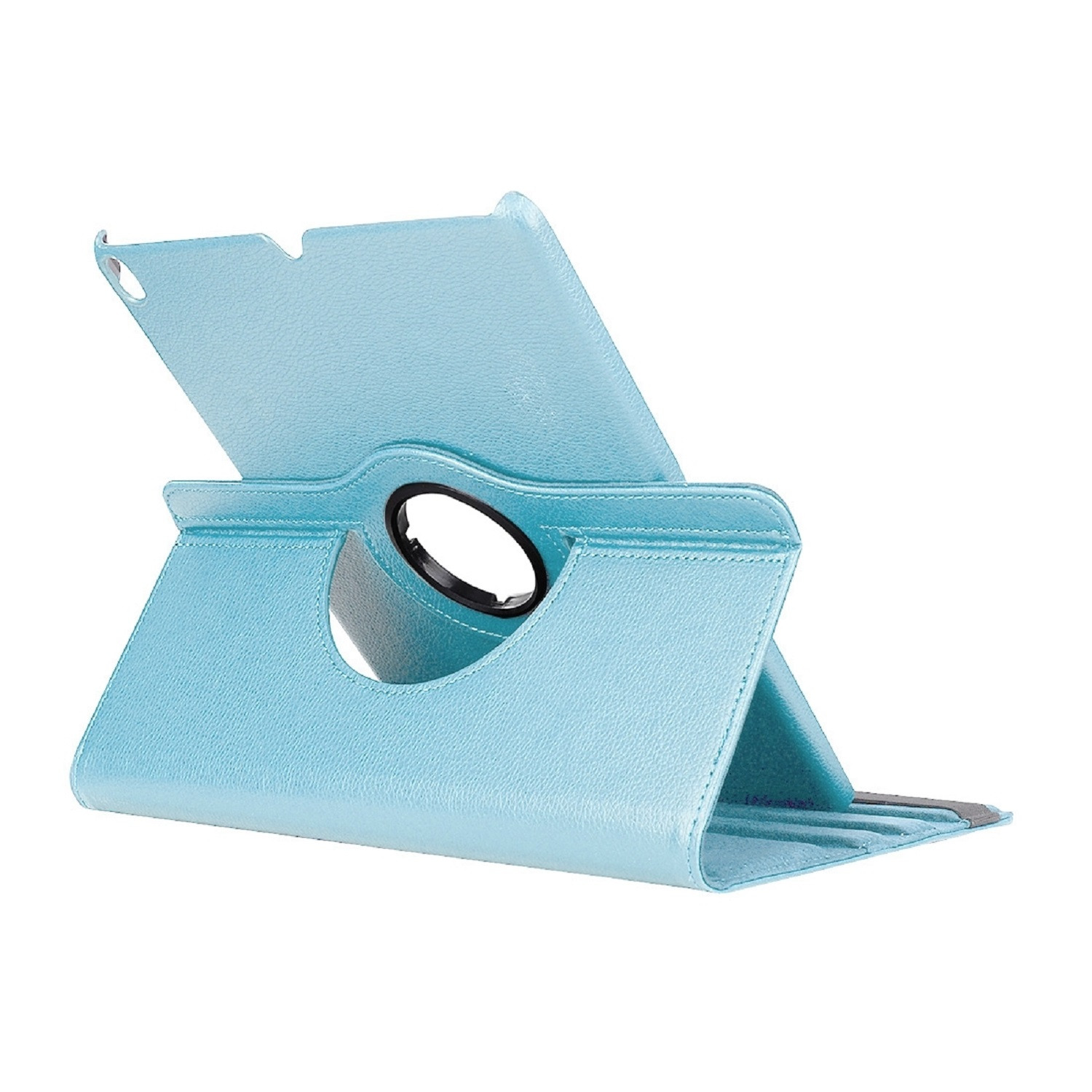 Eine hellblaue Tablet-Hülle mit drehbarem Ständer, auf weißem Hintergrund.