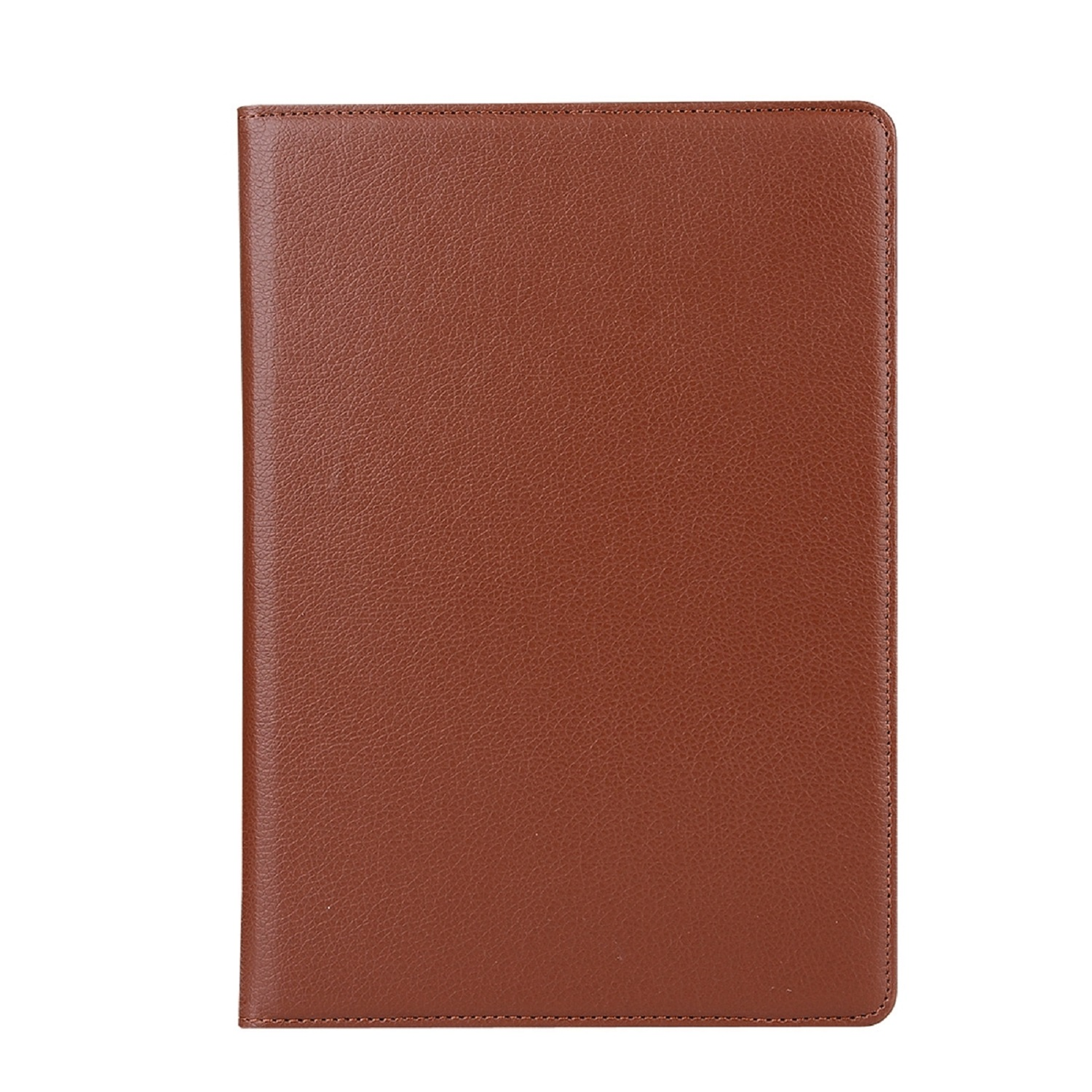 Eine braune Lederhülle für ein Tablet oder ein Buch, flach auf weißem Hintergrund liegend.