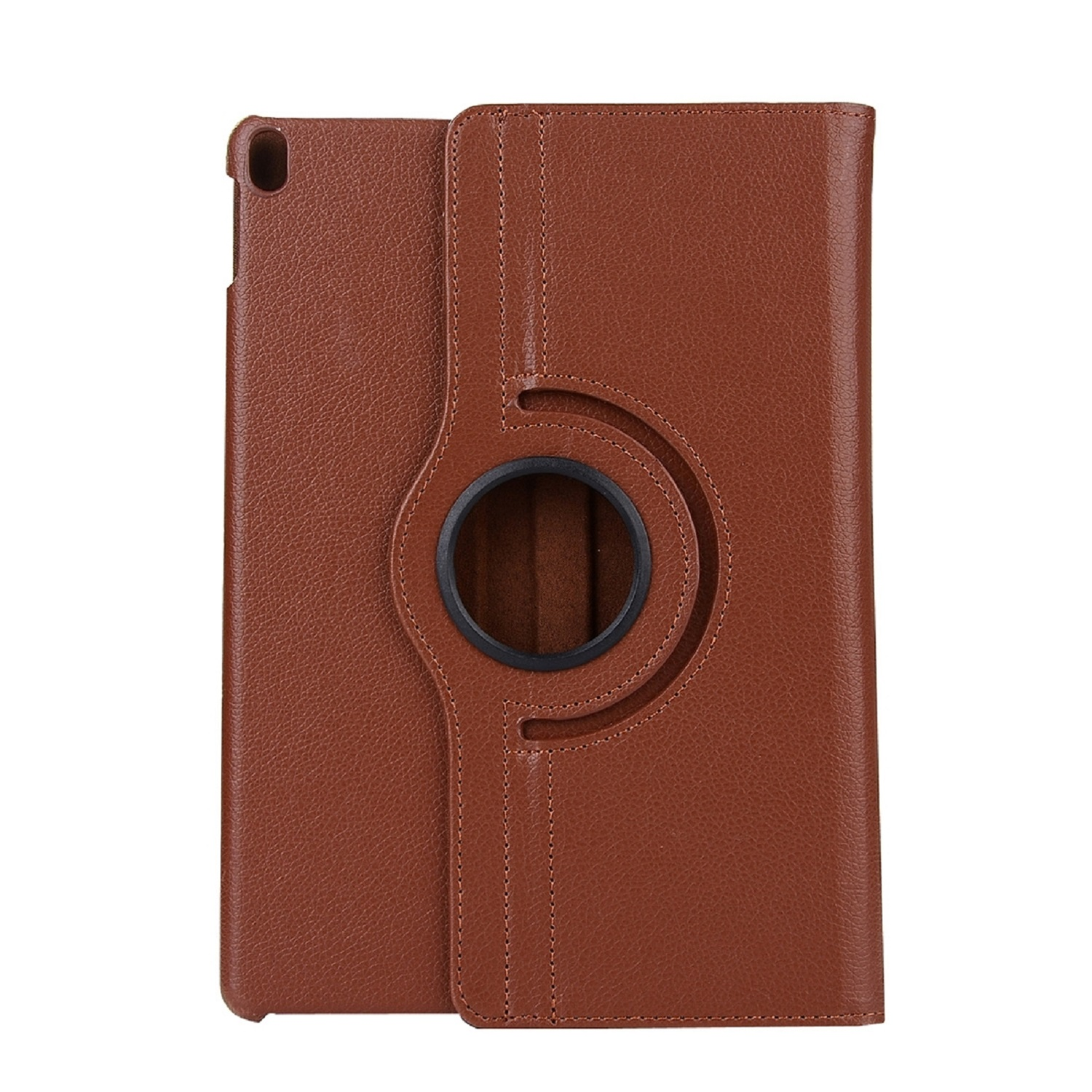 Braune Tablet-Hülle aus Leder mit Drehring und Steppdetails, geschlossen und offen.