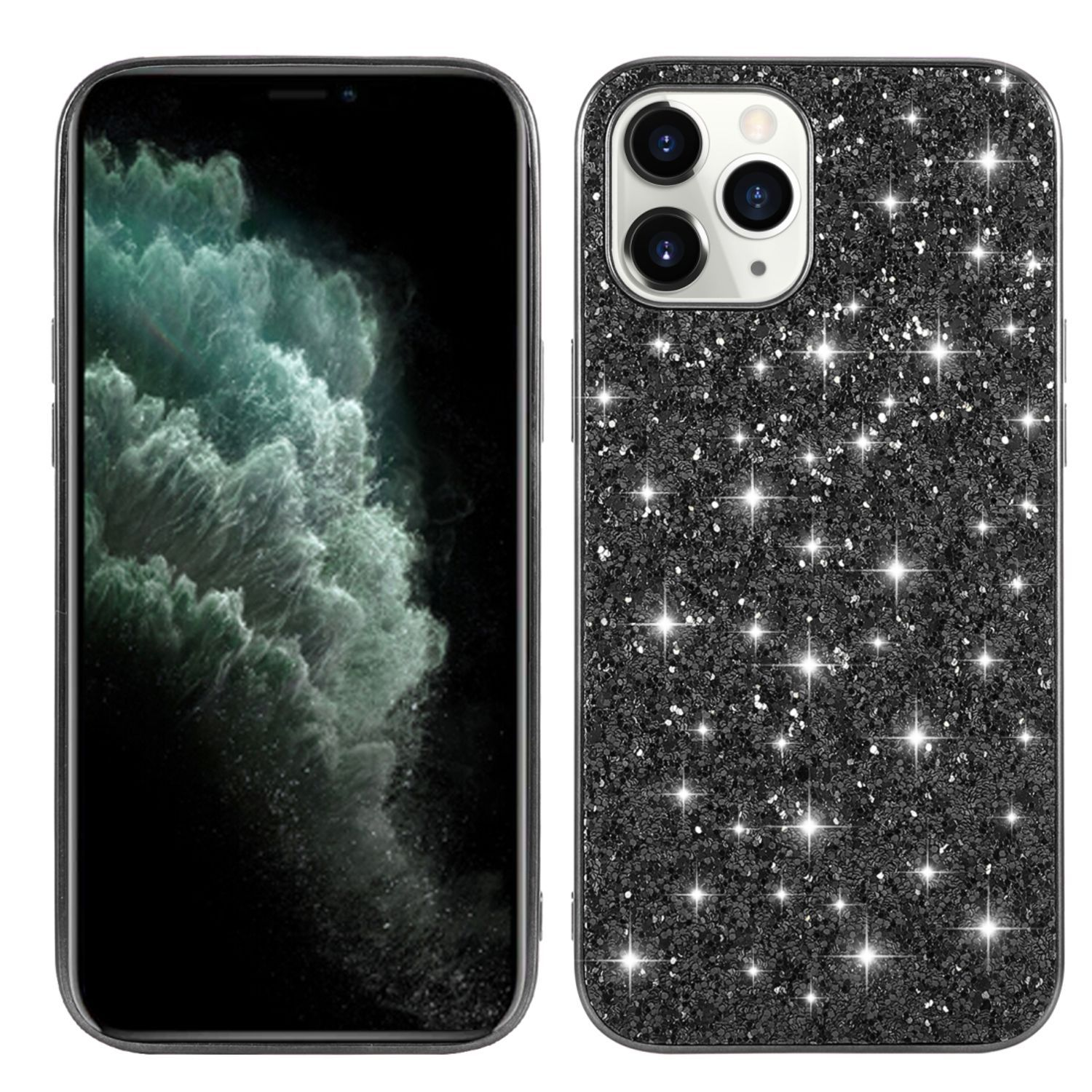 Schwarze Handyhülle mit Glitzer. Das Telefon ist links. Die Hülle ist rechts, mit Glitzer-Finish.