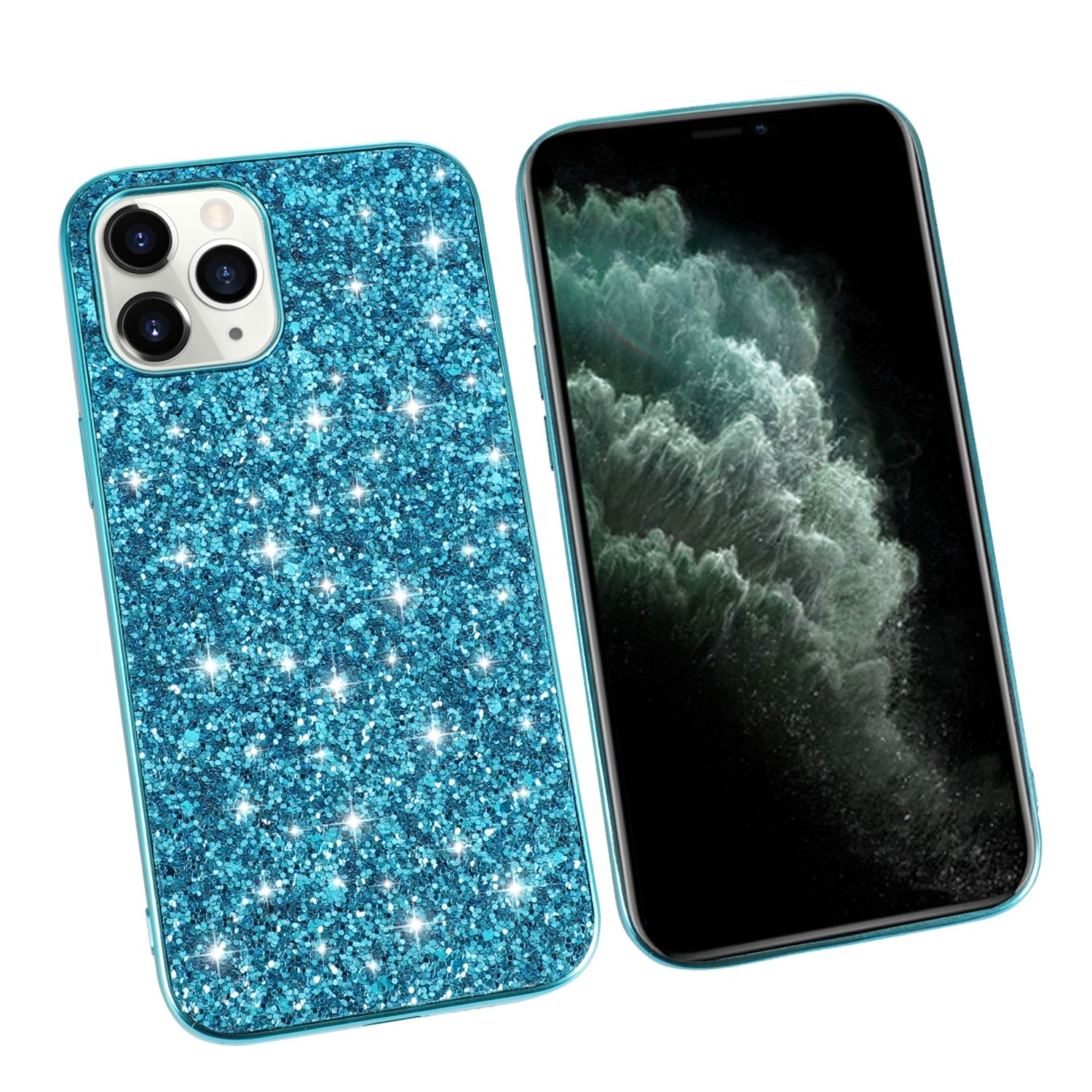 Blaue Glitzer-Handyhülle mit einem Telefon. Beide liegen auf einer weißen Oberfläche. Die Hülle glitzert.