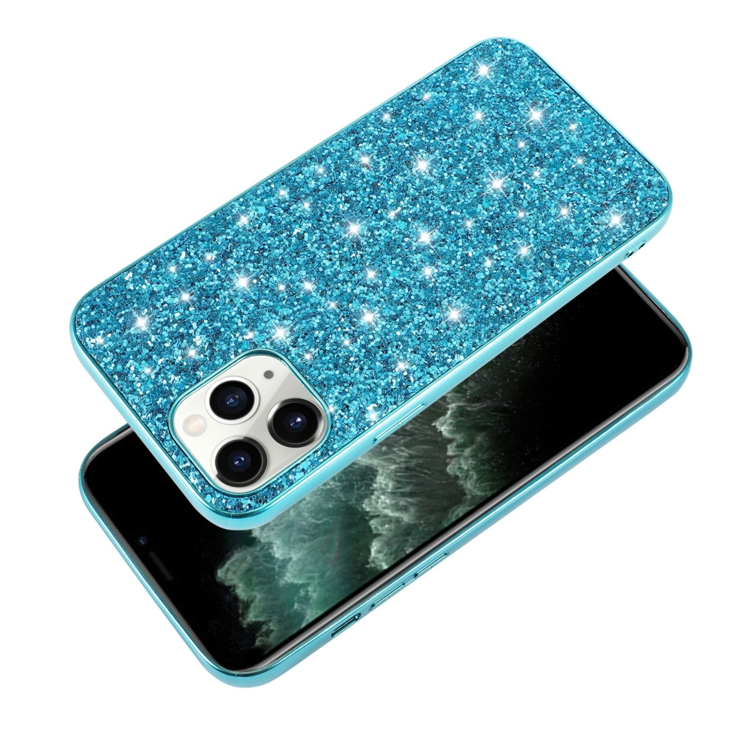 Nahaufnahme einer blauen Glitzer-Handyhülle. Die Hülle liegt auf einem Telefon. Sie hat ein glitzerndes Finish.