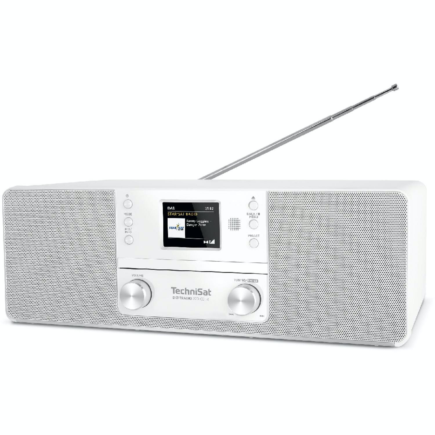 Weißes Digitalradio mit Bildschirm, Knöpfen und Antenne.