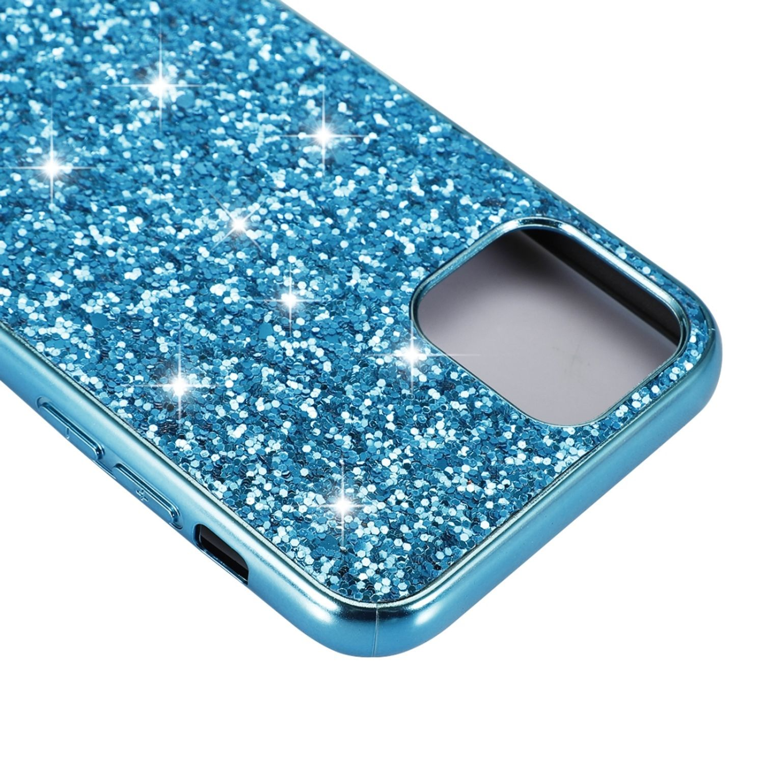 Blaue Glitzer-Handyhülle mit Kameraausschnitt.