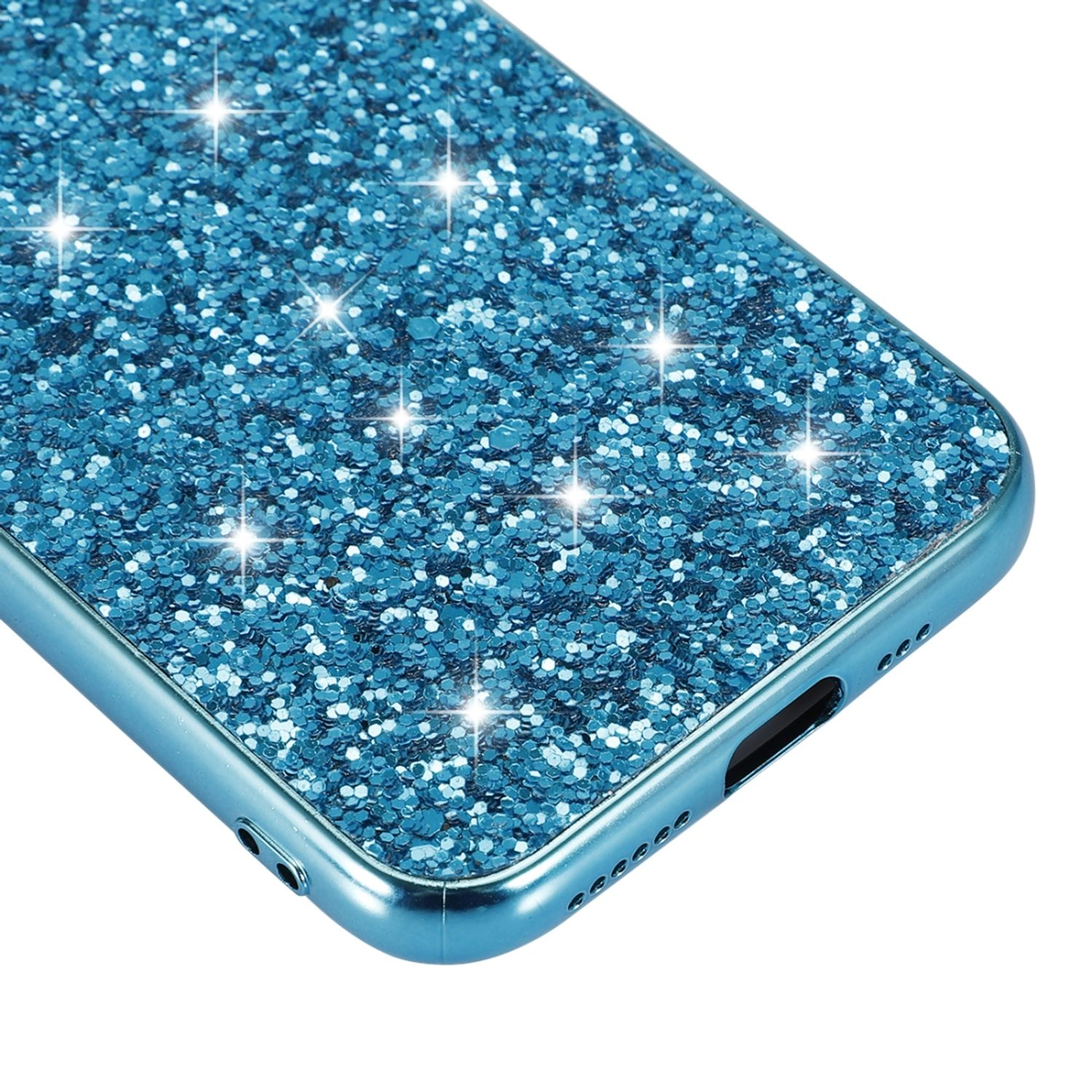 Nahaufnahme einer Handyhülle. Türkisfarbenes Glitzerdesign. Hintergrund: Weiß.
