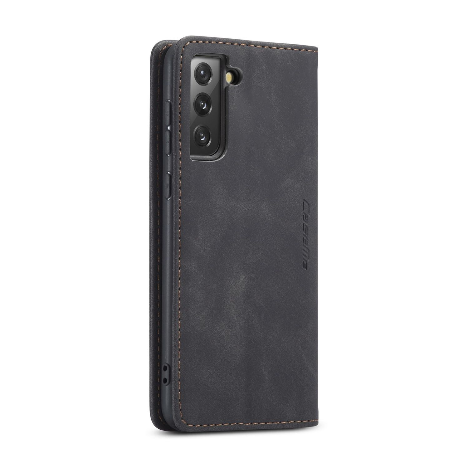 Dunkelgraue Leder-Handyhülle mit Samsung S21 und braunen Nähten.