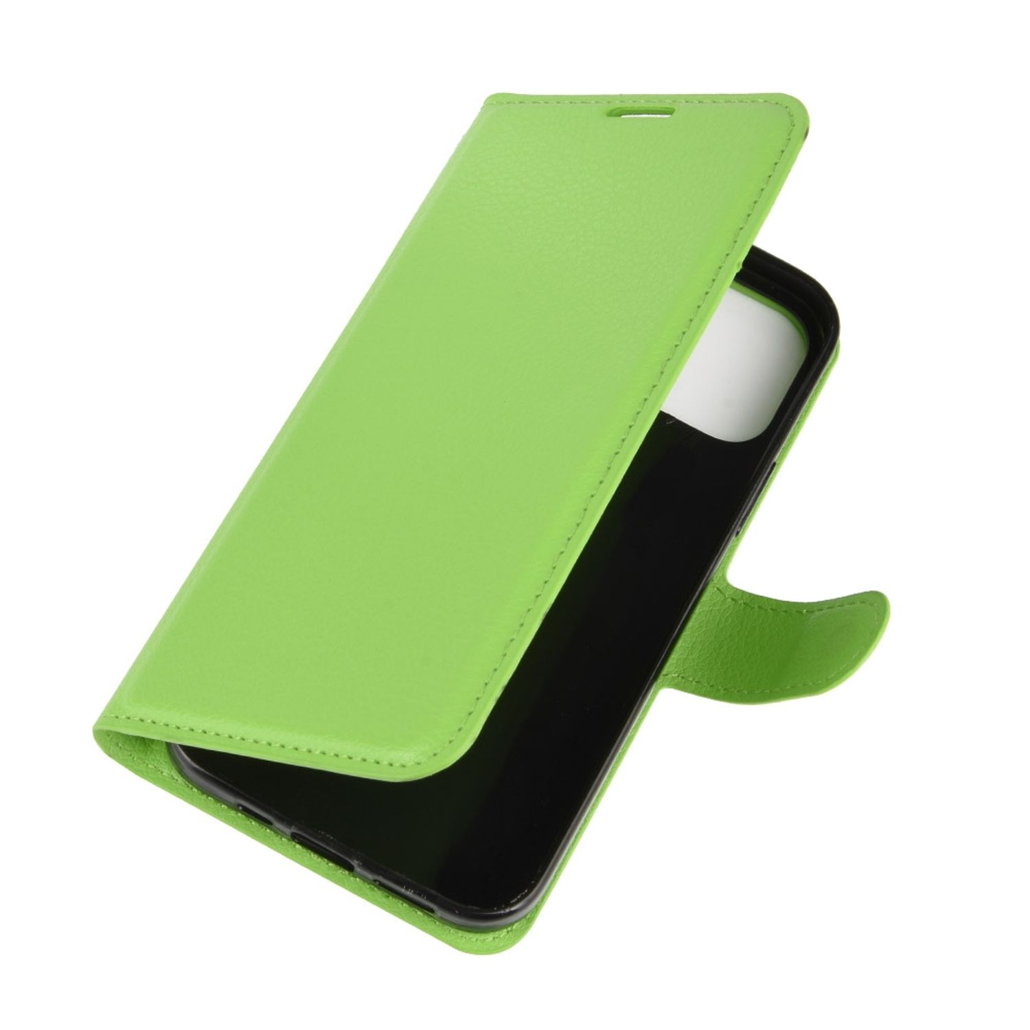 Hellgrüne Handyhülle, teilweise geöffnet. Schwarzes Telefon innen, schräge Ansicht.