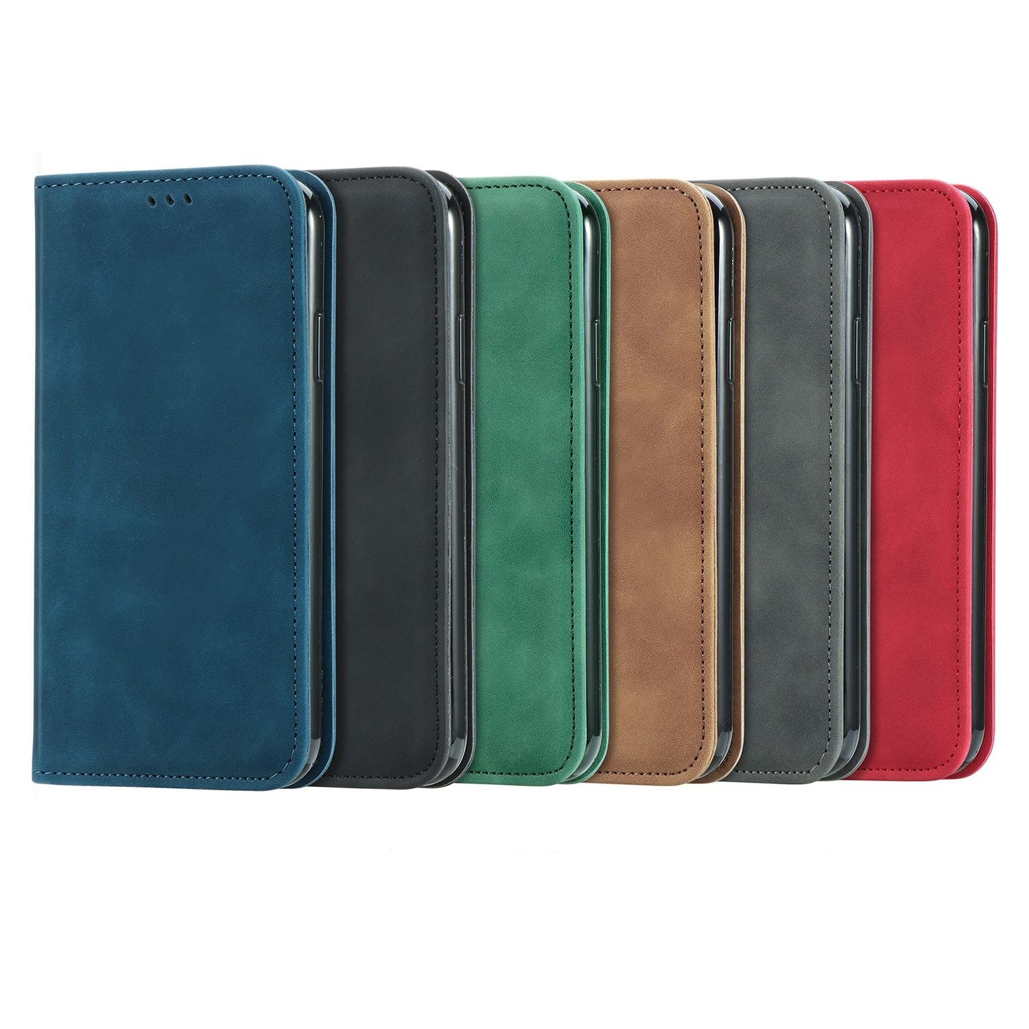 Reihe von Handyhüllen in verschiedenen Farben: Blau, Schwarz, Grün, Braun, Grau und Rot.