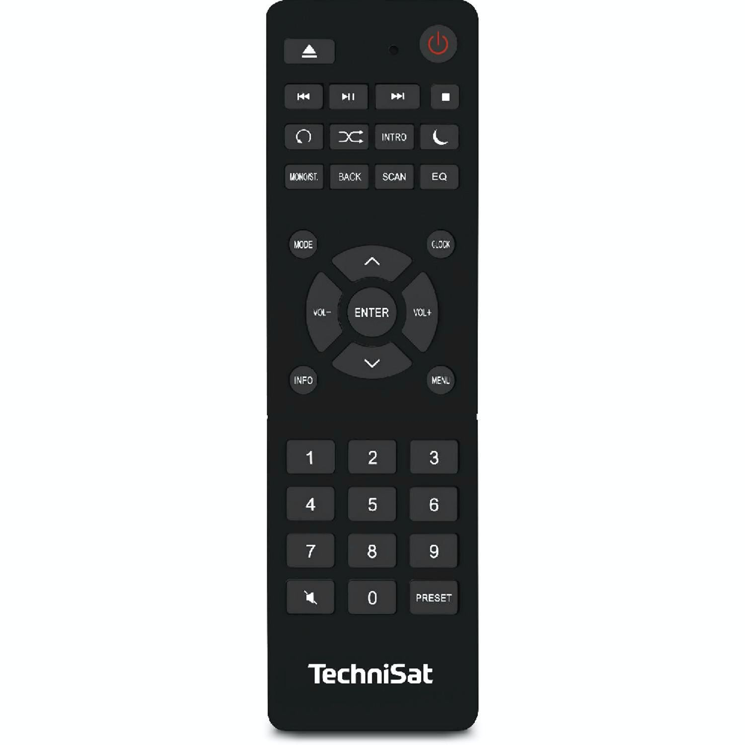Schwarze Fernbedienung mit vielen Tasten und dem TechniSat-Logo.