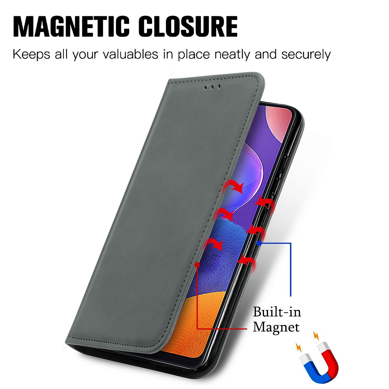 Eine Handyhülle ist geöffnet. Rote Pfeile zeigen auf den Magneten. Ein eingebauter Magnet wird gezeigt.