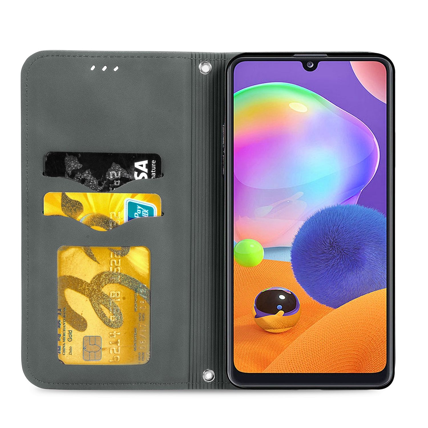 Graue Handyhülle mit Karten und einem Telefon darin. Das Telefon zeigt ein Bild.
