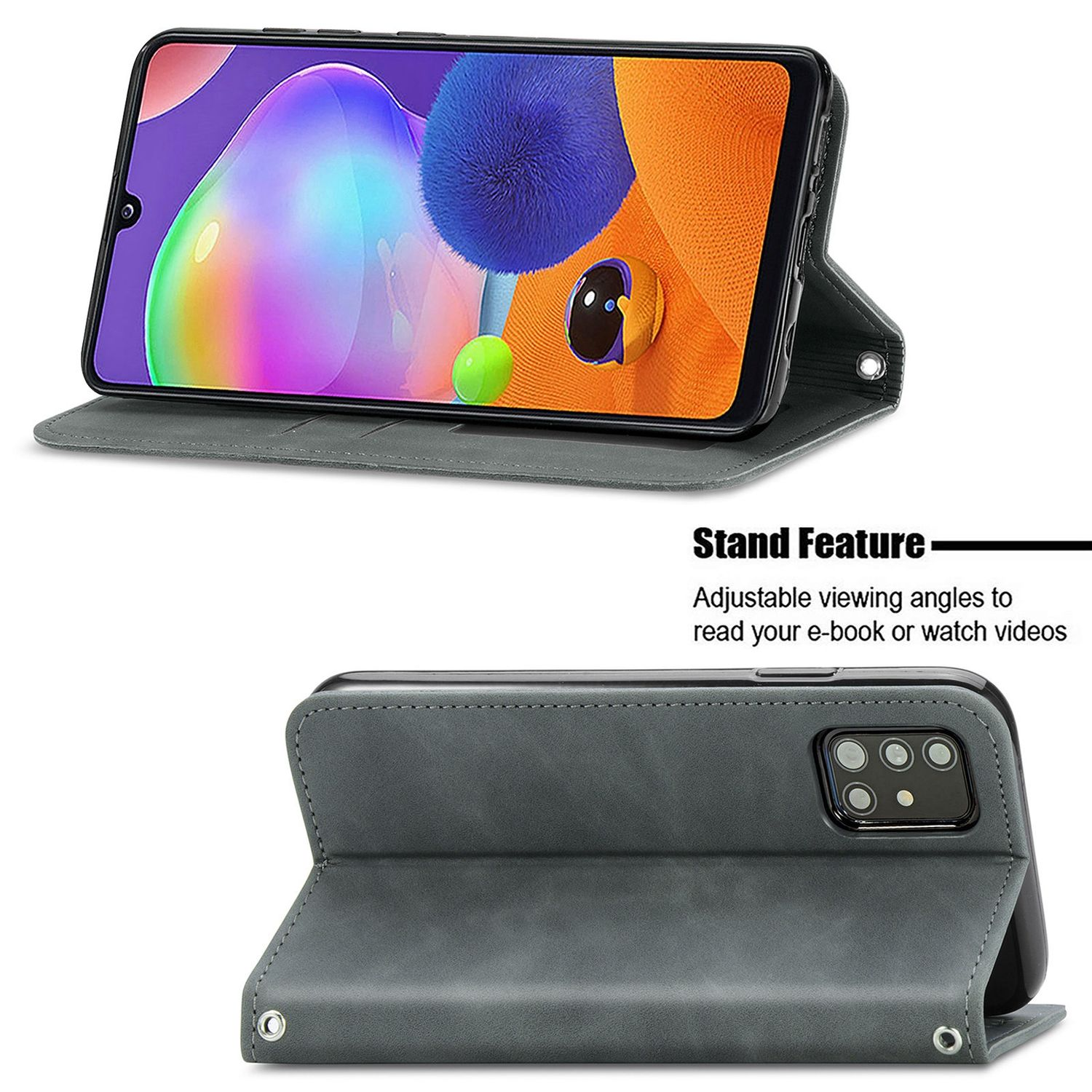 Handyhülle mit einem Telefon darin. Das Telefon steht auf einem Ständer. Eine Standfunktion wird gezeigt.