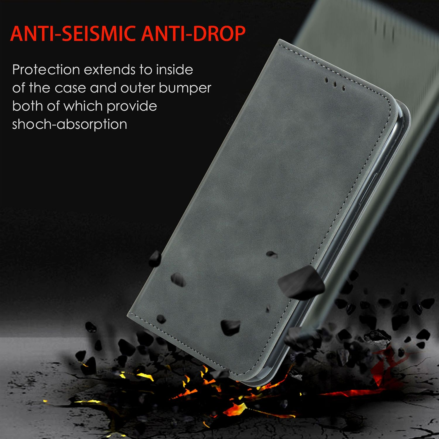 Eine Handyhülle mit einem Telefon darin. Die Hülle fällt mit Trümmern. Die Hülle ist antiseismisch.