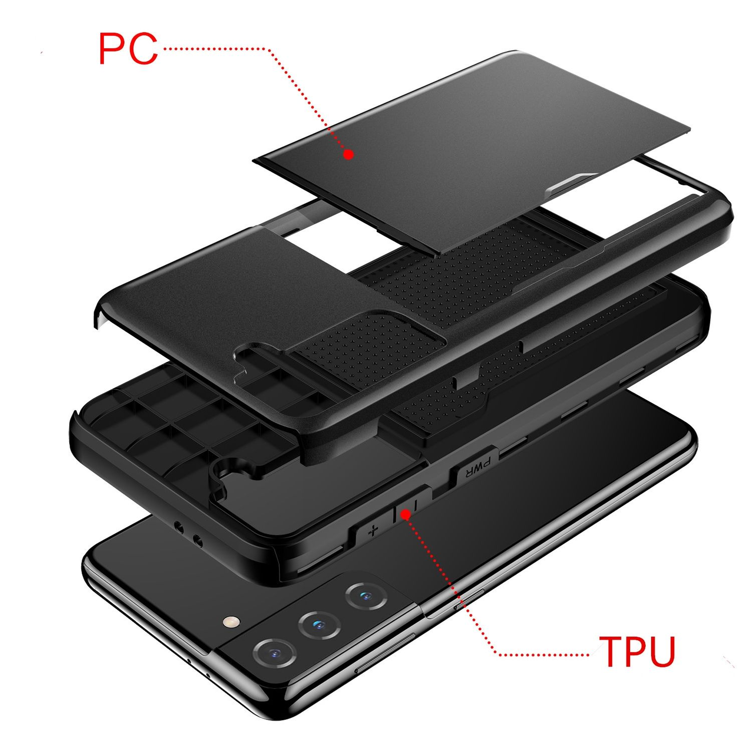 Handyhüllen-Schichten. PC und TPU beschriftet. Telefon mit Kameras und PWR-Taste.