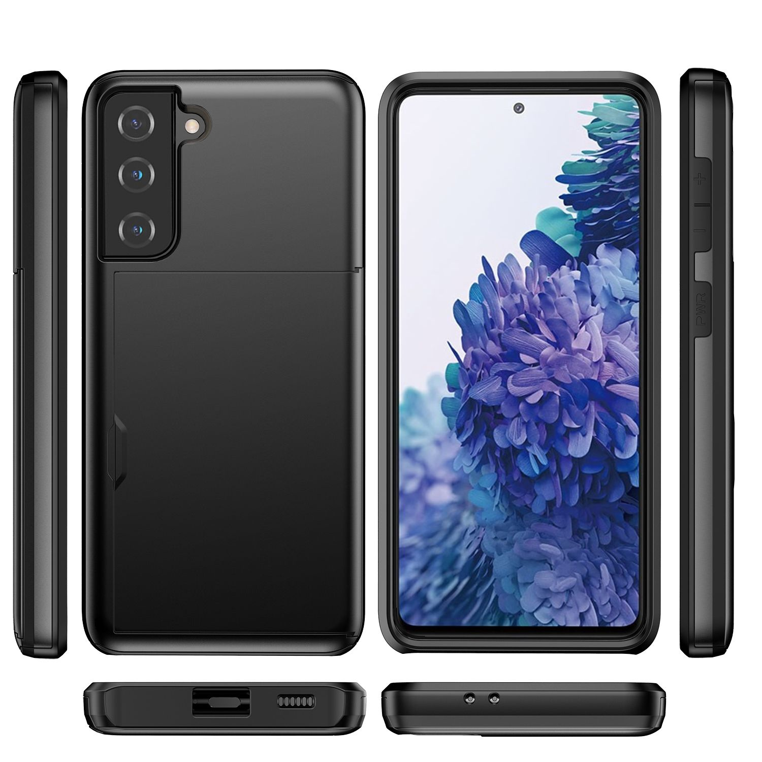 Schwarze Handyhülle mit einem Telefon darin. Die Hülle hat einen Kartensteckplatz. Verschiedene Ansichten der Hülle werden gezeigt.