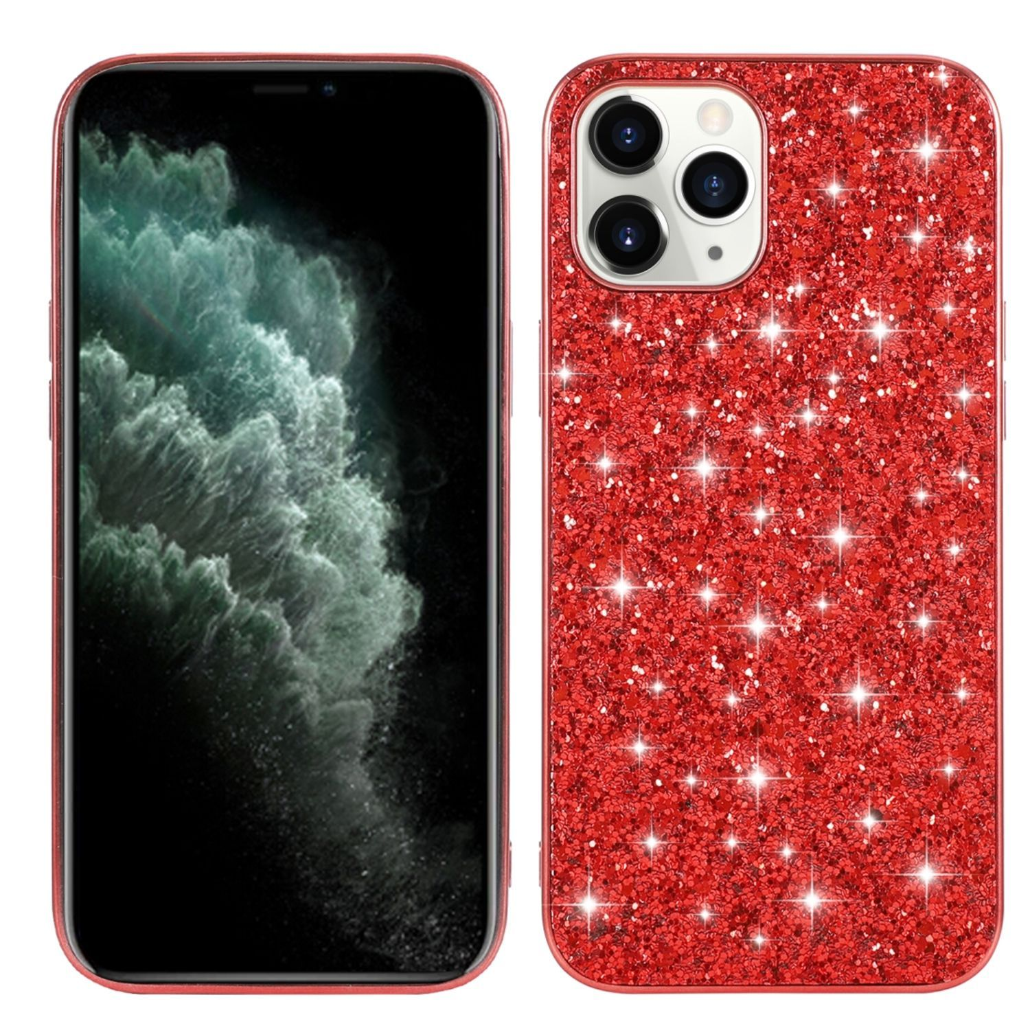 Zwei Telefone: eines mit roter Glitzerhülle, das andere zeigt den Bildschirm des Telefons. Weißer Hintergrund.