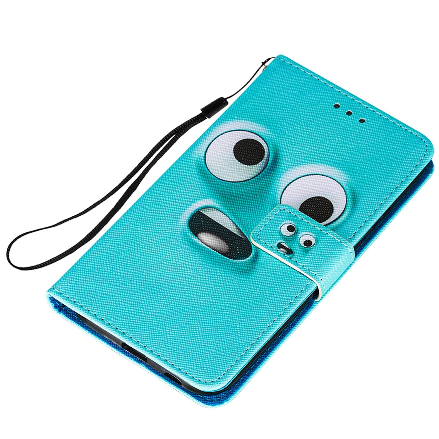 Blaue Handyhülle mit Cartoon-Augen. Schwarzer Riemen ist befestigt. Weißer Hintergrund.