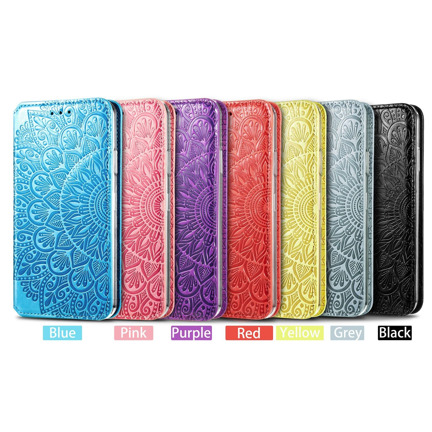 Handyhüllen in einer Reihe, jede in einer anderen Farbe, mit einem floralen Design. Die Farben sind blau, rosa, lila, rot usw.
