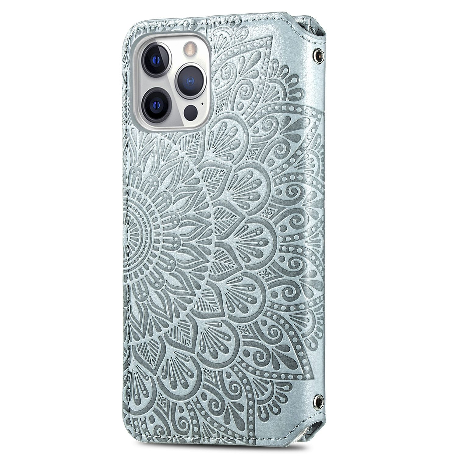 Hellblaue Handyhülle mit Mandala-Design. Zeigt die Rückseite der Handyhülle mit dem Design.