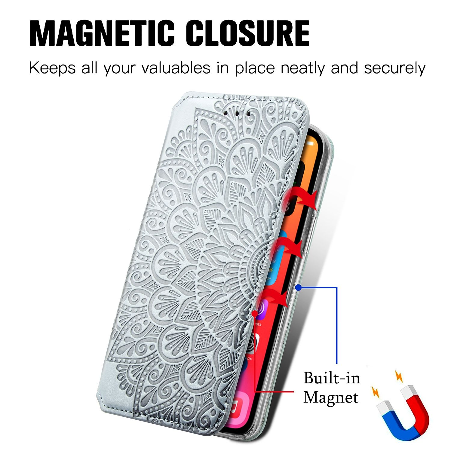 Handyhülle mit Mandala-Design, geöffnet. Zeigt einen eingebauten Magneten und das Telefon im Inneren. Rote Pfeile zeigen darauf.