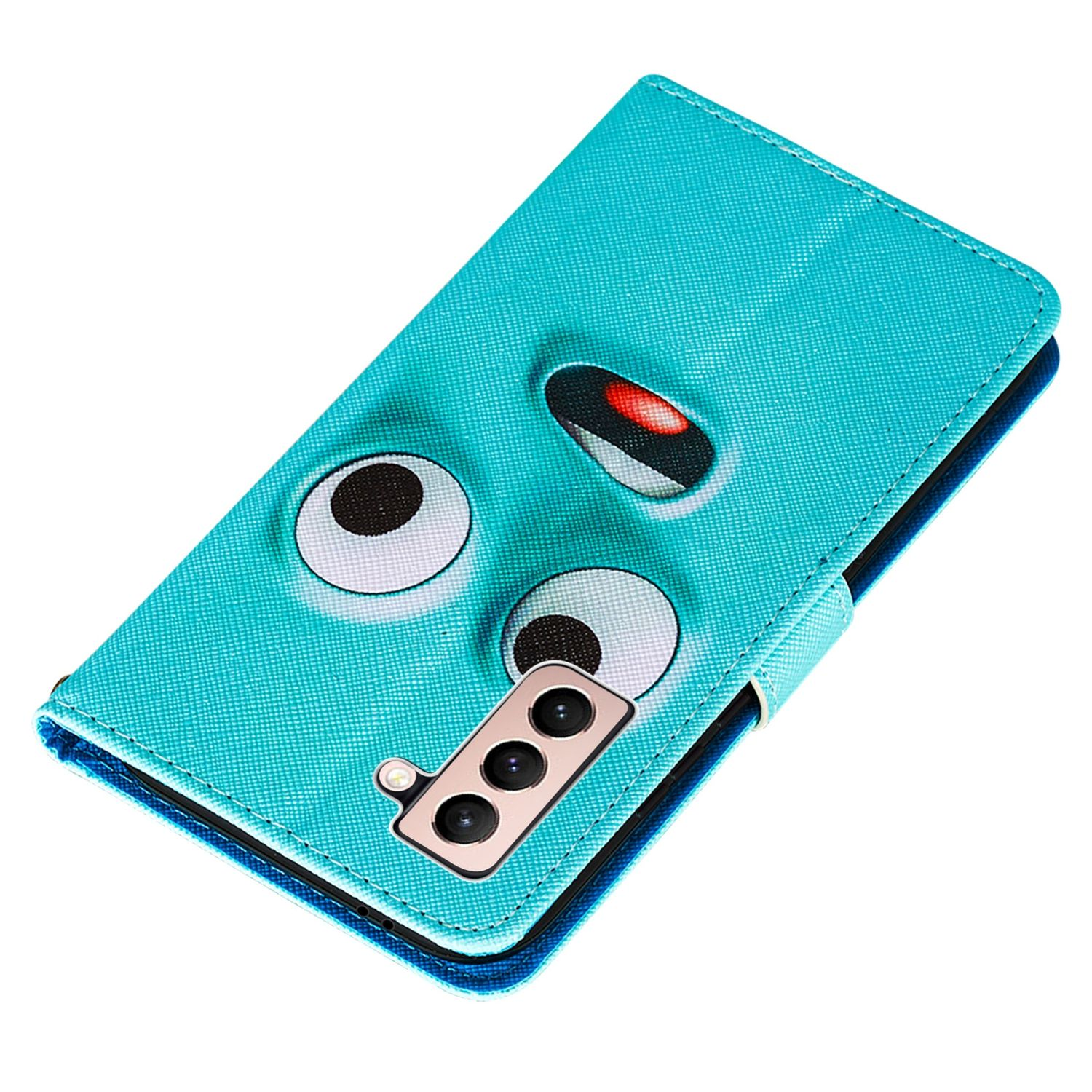 Blaue Handyhülle mit einem Cartoon-Gesicht-Design. Das Telefon befindet sich in der Hülle mit Augen und Mund.