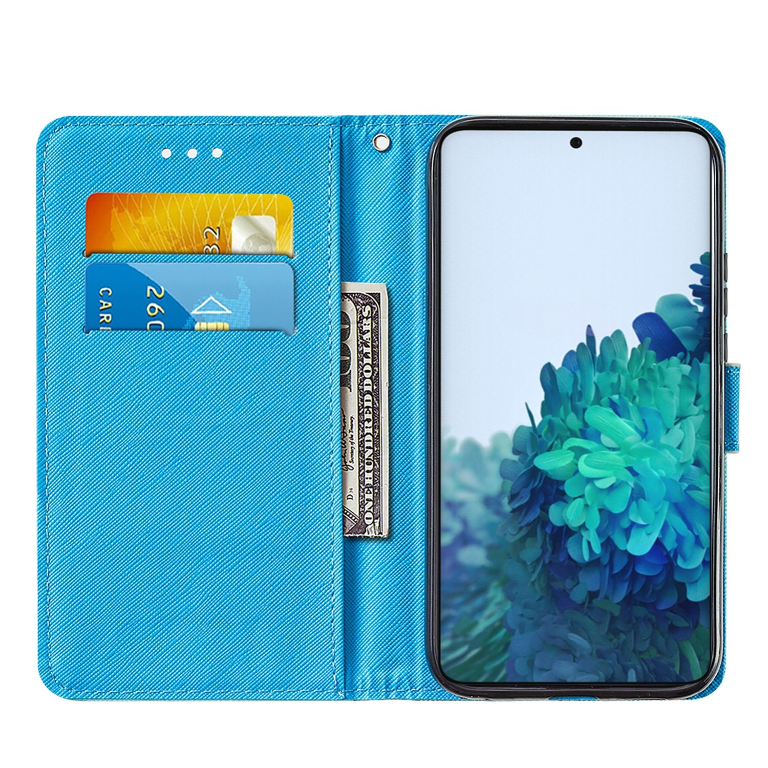 Blaues Handycase offen, mit Karten, Bargeld und Handy. Weißer Hintergrund.