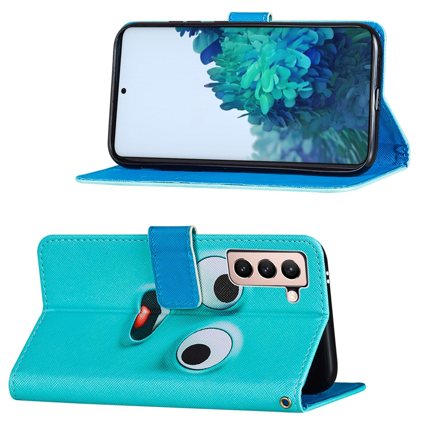 Zwei Bilder von blauem Handycase mit Cartoon-Gesicht. Weißer Hintergrund.