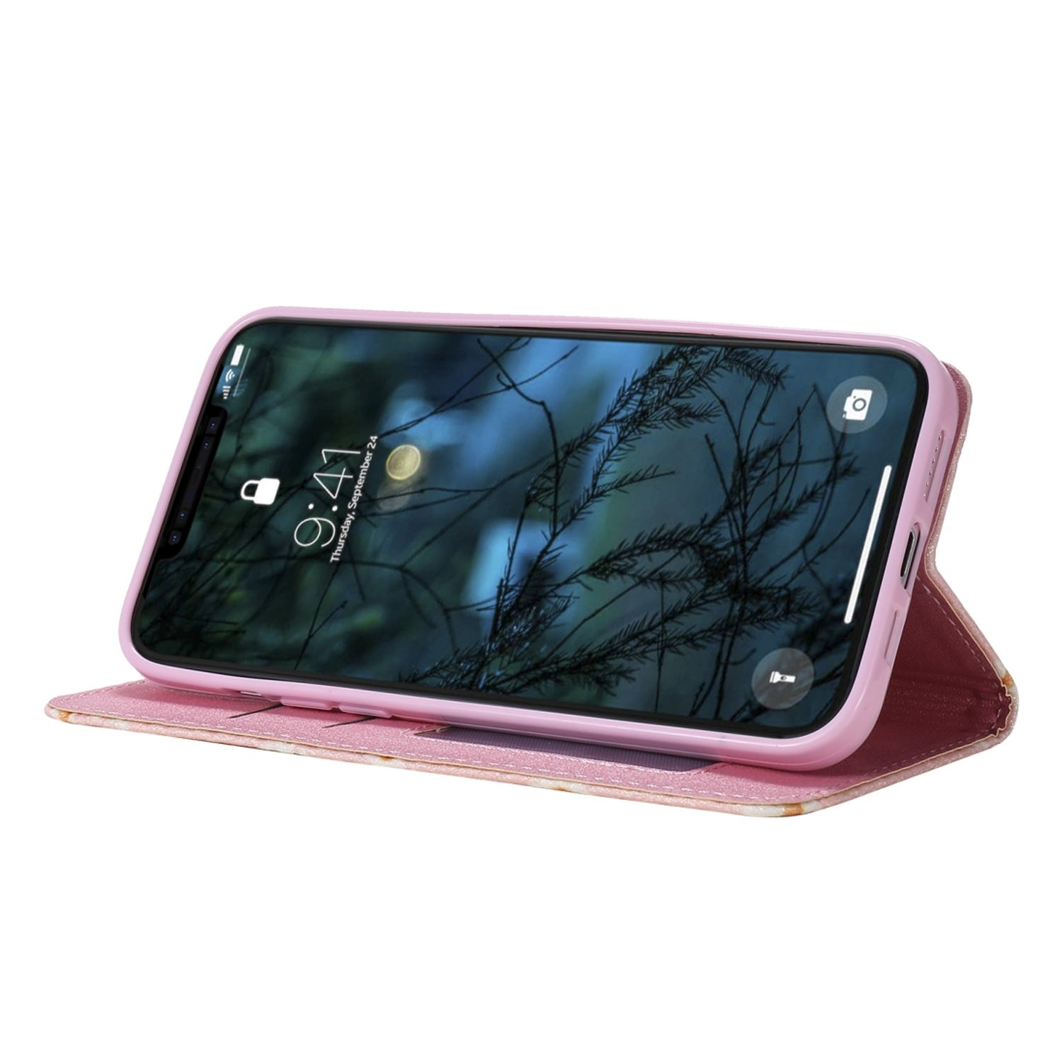 Ein Telefon auf einer rosa Handyhülle. Die Hülle ist geöffnet und zeigt das Telefon.