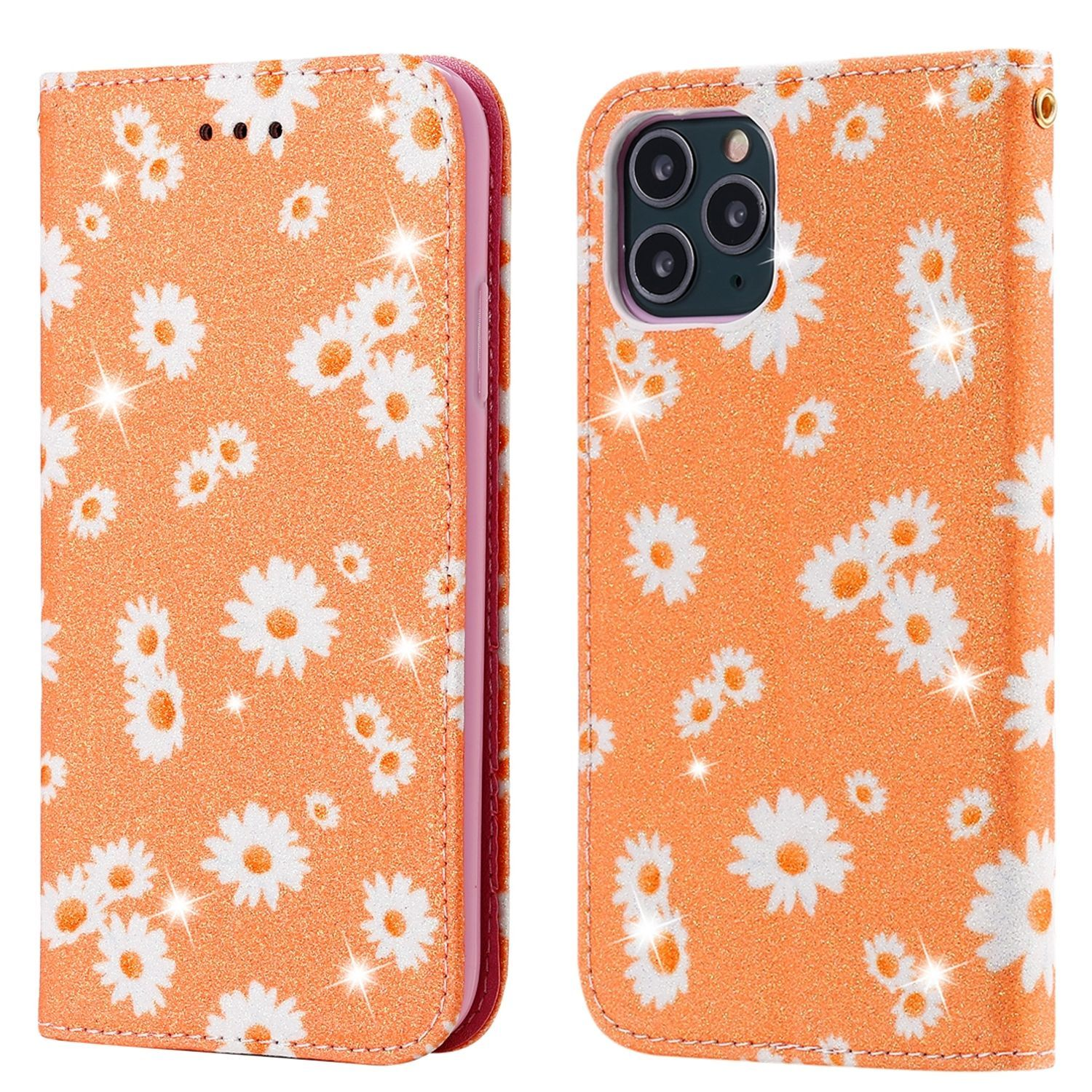 Orangene Handyhülle mit Gänseblümchenmuster. Die Handyhülle ist offen und zeigt das Handy.